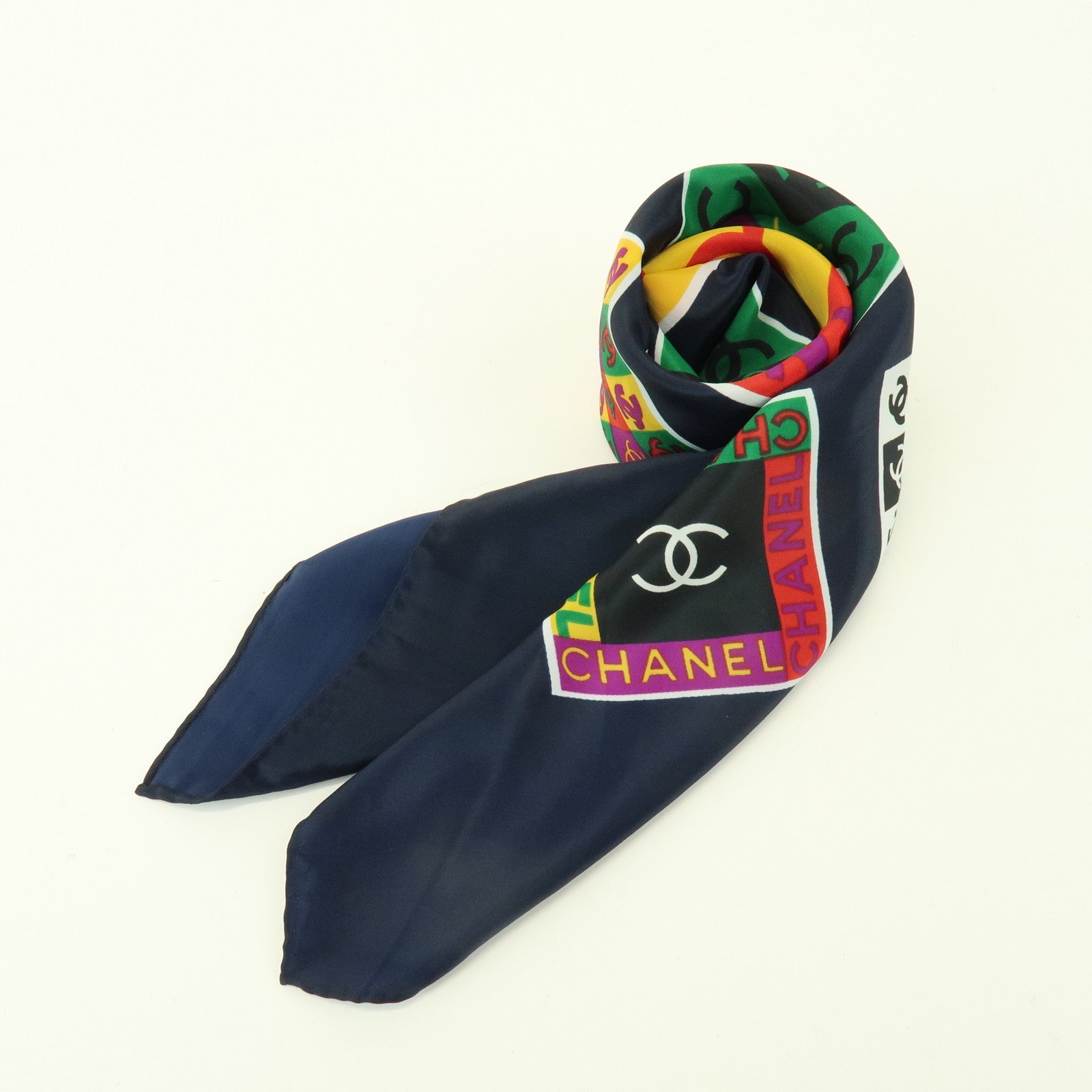CHANEL COCO Mark Silk 100% Scarf Logo Print Black Multicolor
