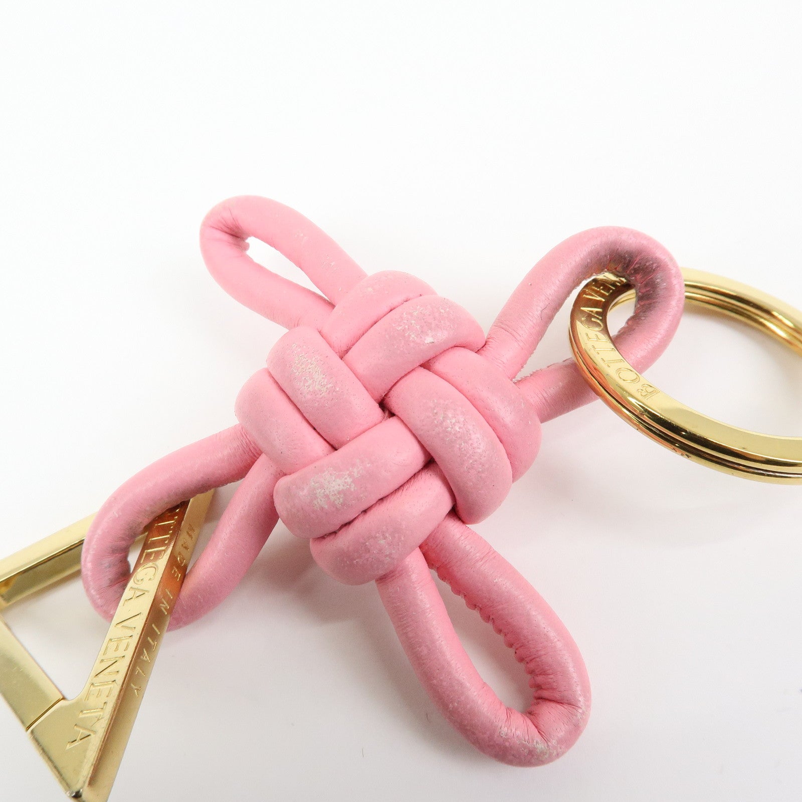 BOTTEGA VENETA Leather Metal Bag Charm Key Chain Gold Pink