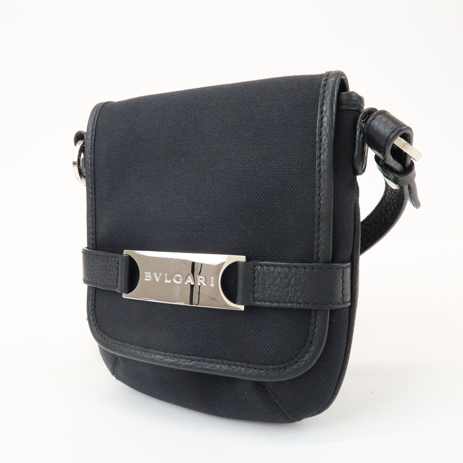 BVLGARI Canvas Leather Shoulder Bag Crossbody Bag Black