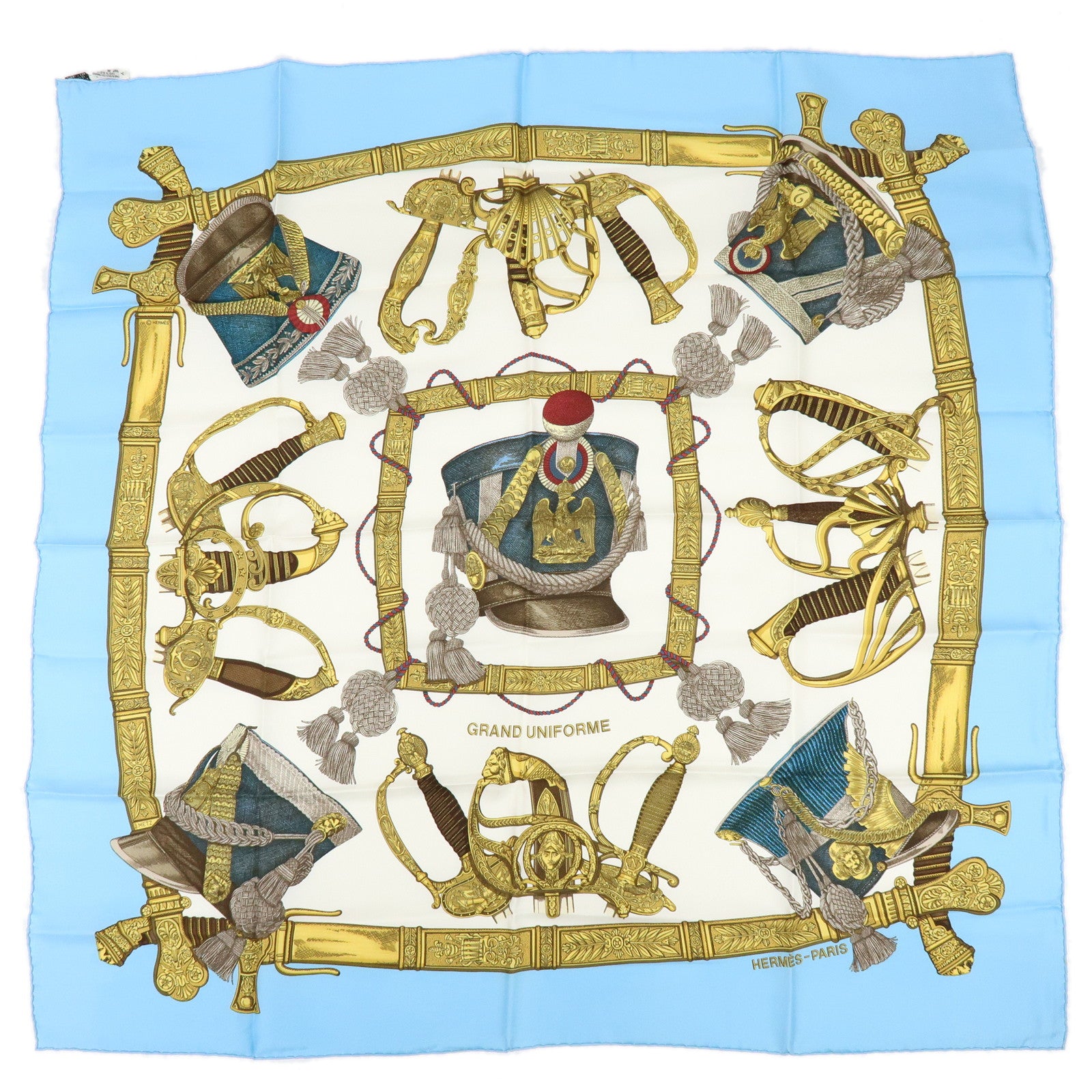 HERMES Carre 90 Silk 100% Scarf GRANDUNIFORM Light Blue Gold