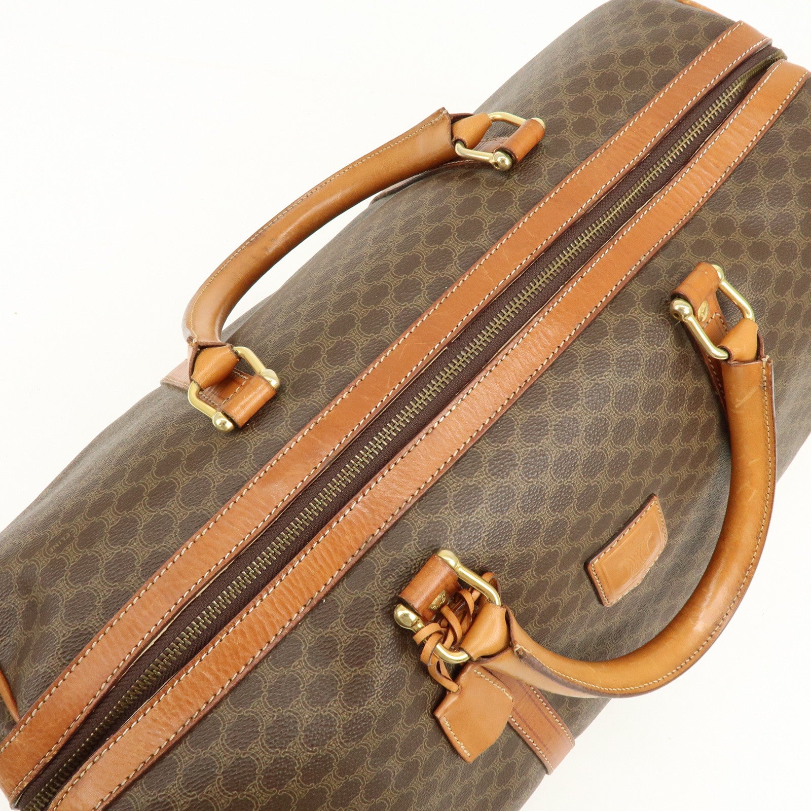 CELINE Macadam PVC Coated Canvas Leather Boston Bag Hand Bag Brown