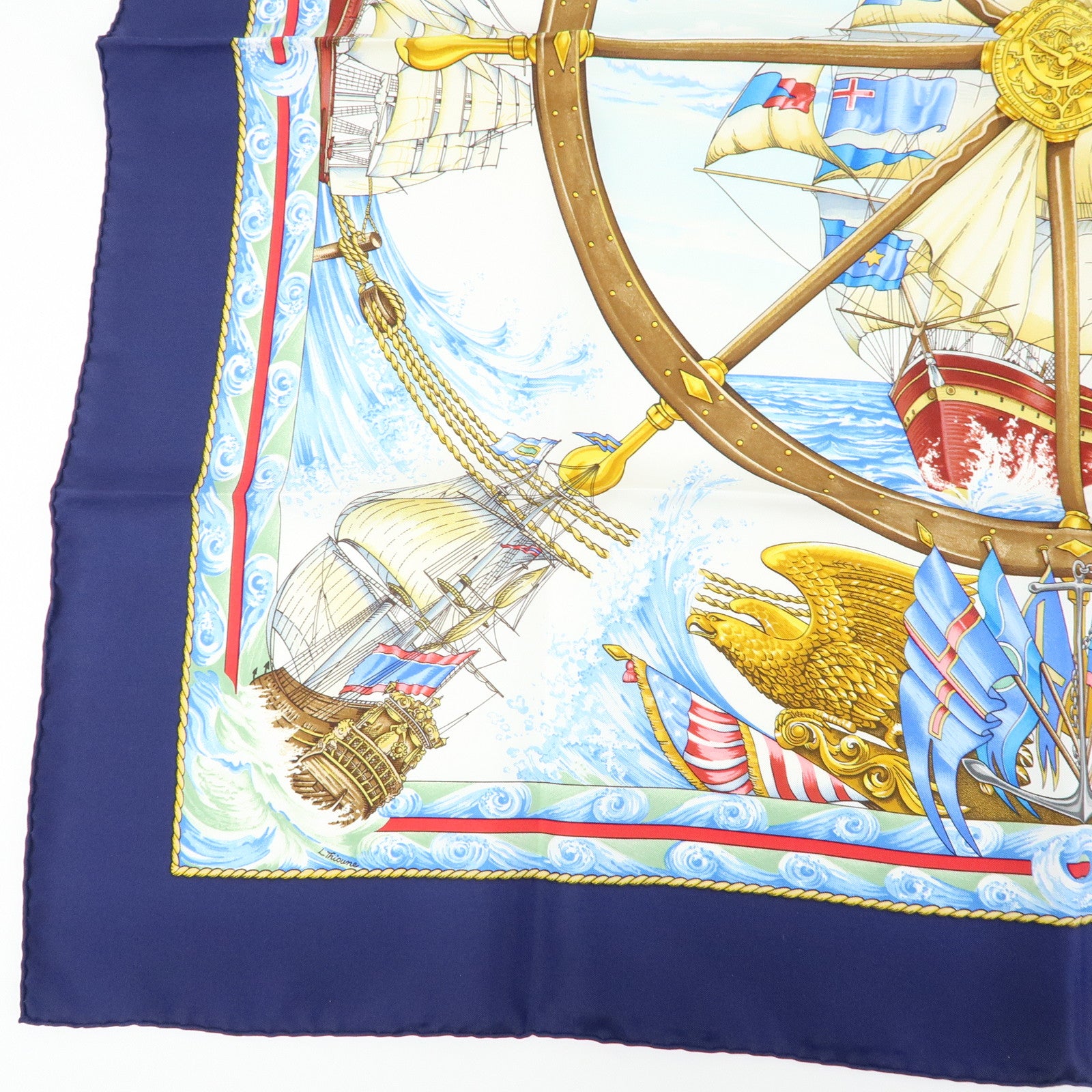 HERMES Carre 90 Silk 100% Scarf VIVE LE VENT Navy Blue Yellow White