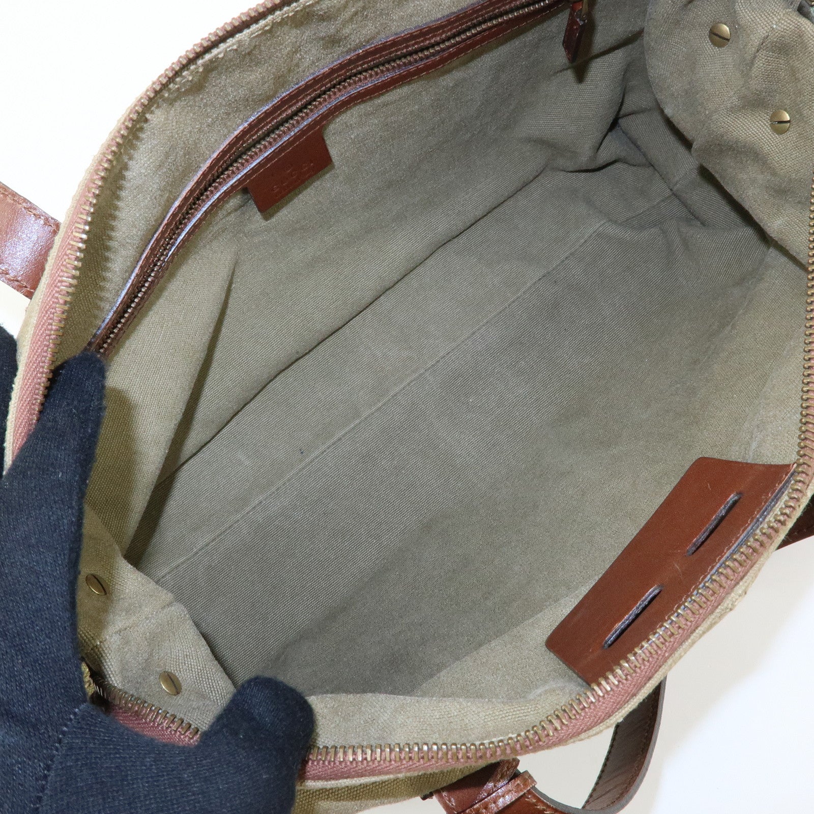 GUCCI Canvas Leather Tote Bag Hand Bag Khaki Brown 109132