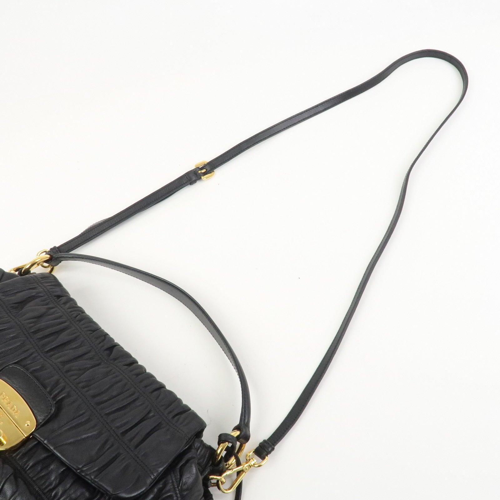 PRADA Logo Gathered Leather 2Way Bag Hand Bag Shoulder Bag Black