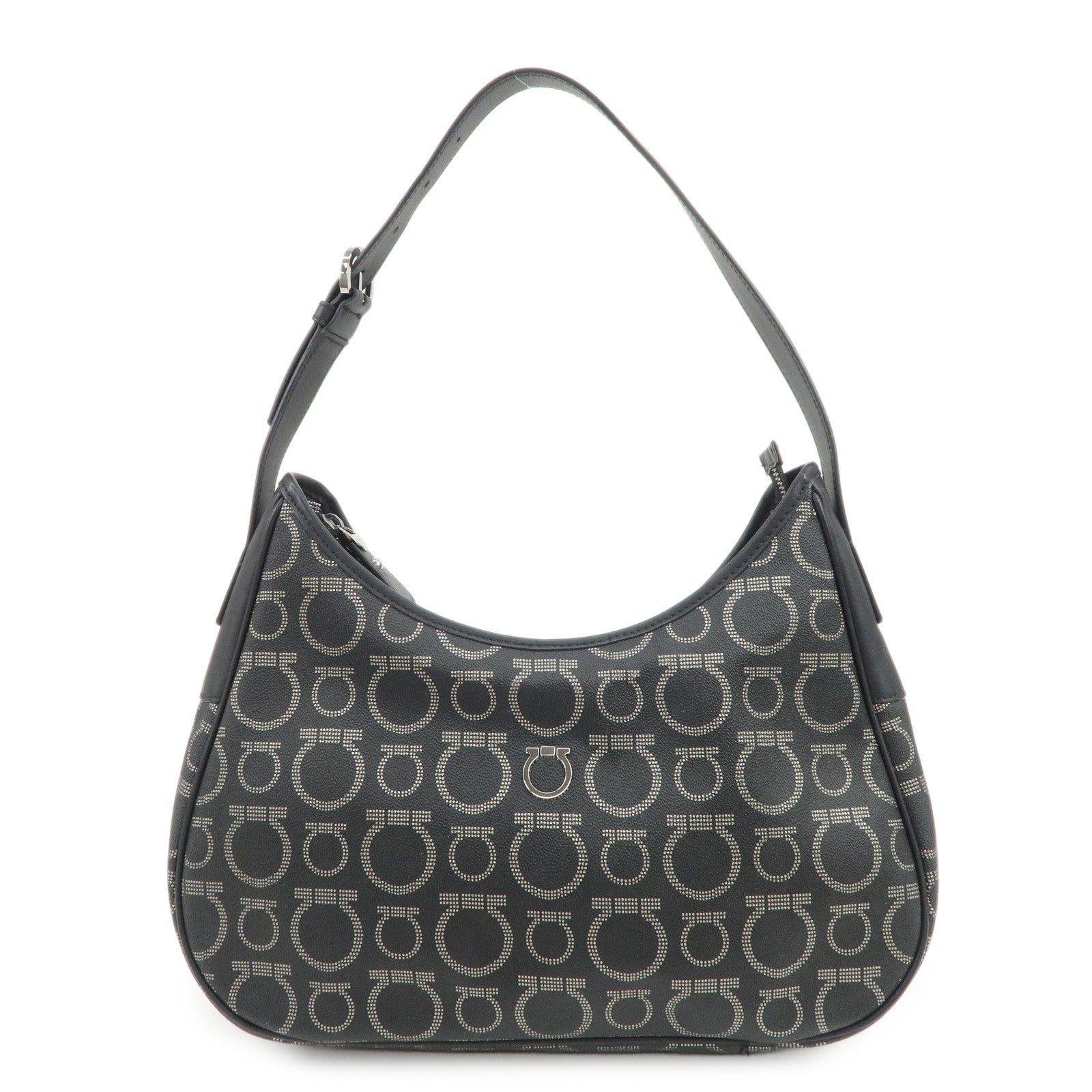 Ferragamo Gancini Logo PVC Leather Shoulder Bag Hand Bag Black