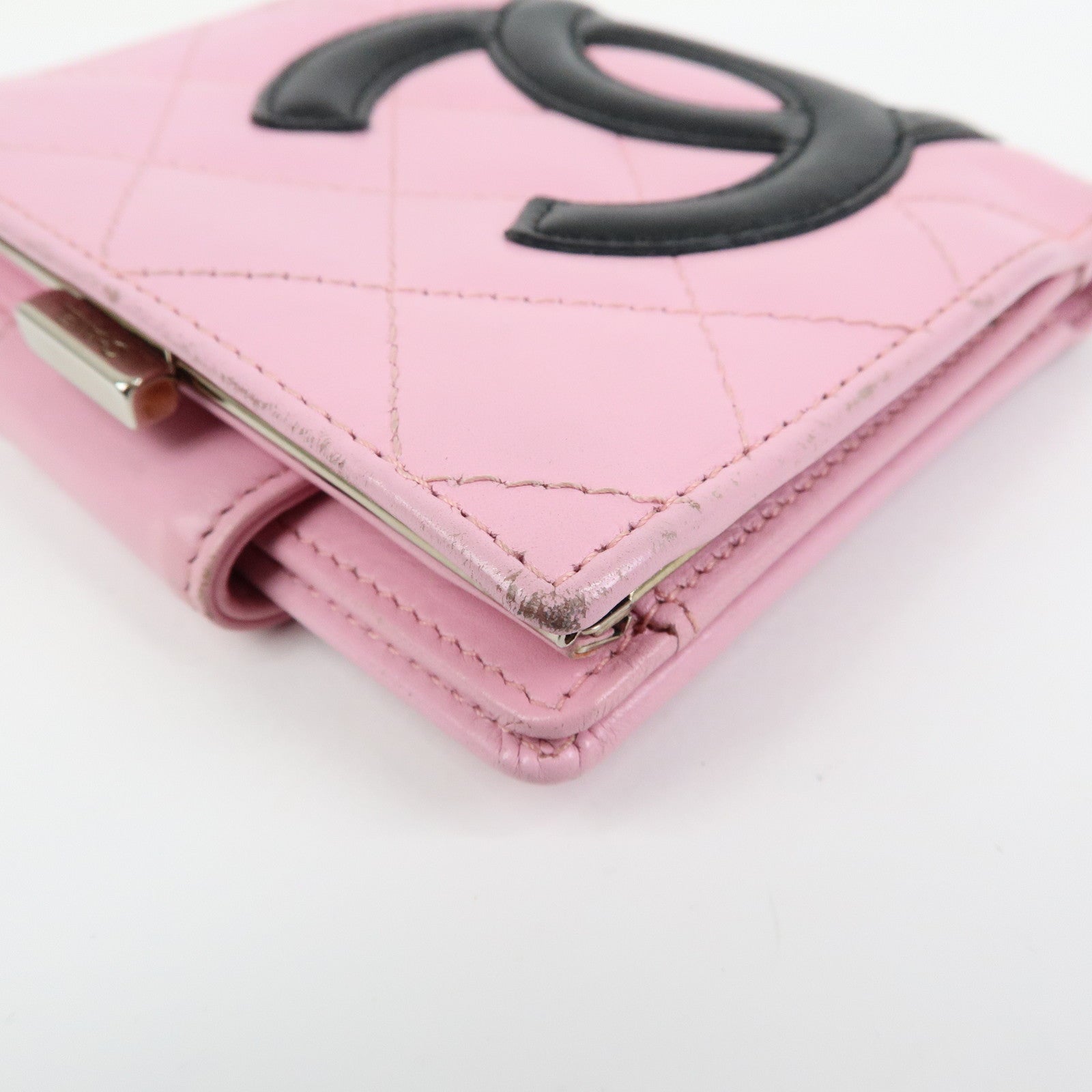 CHANEL Cambon Line Matelasse Lamb Skin Bi-fold Compact Wallet Pink