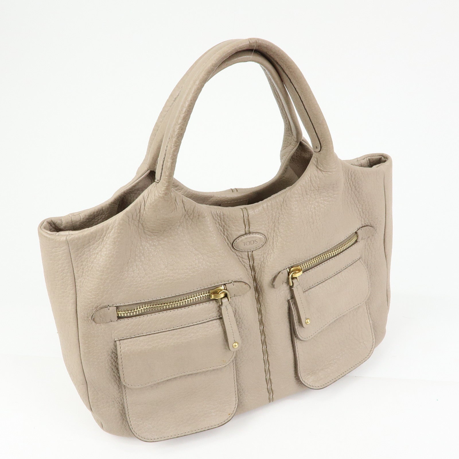TOD'S Leather Tote Bag Shoulder Bag Hand Bag Greige