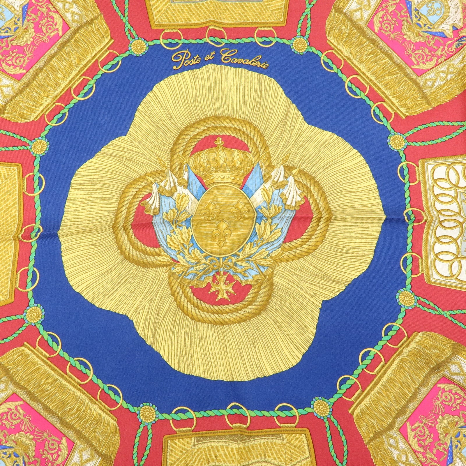 HERMES Carre 90 Silk 100% Scarf Poste et Cavalerie Blue Yellow Red