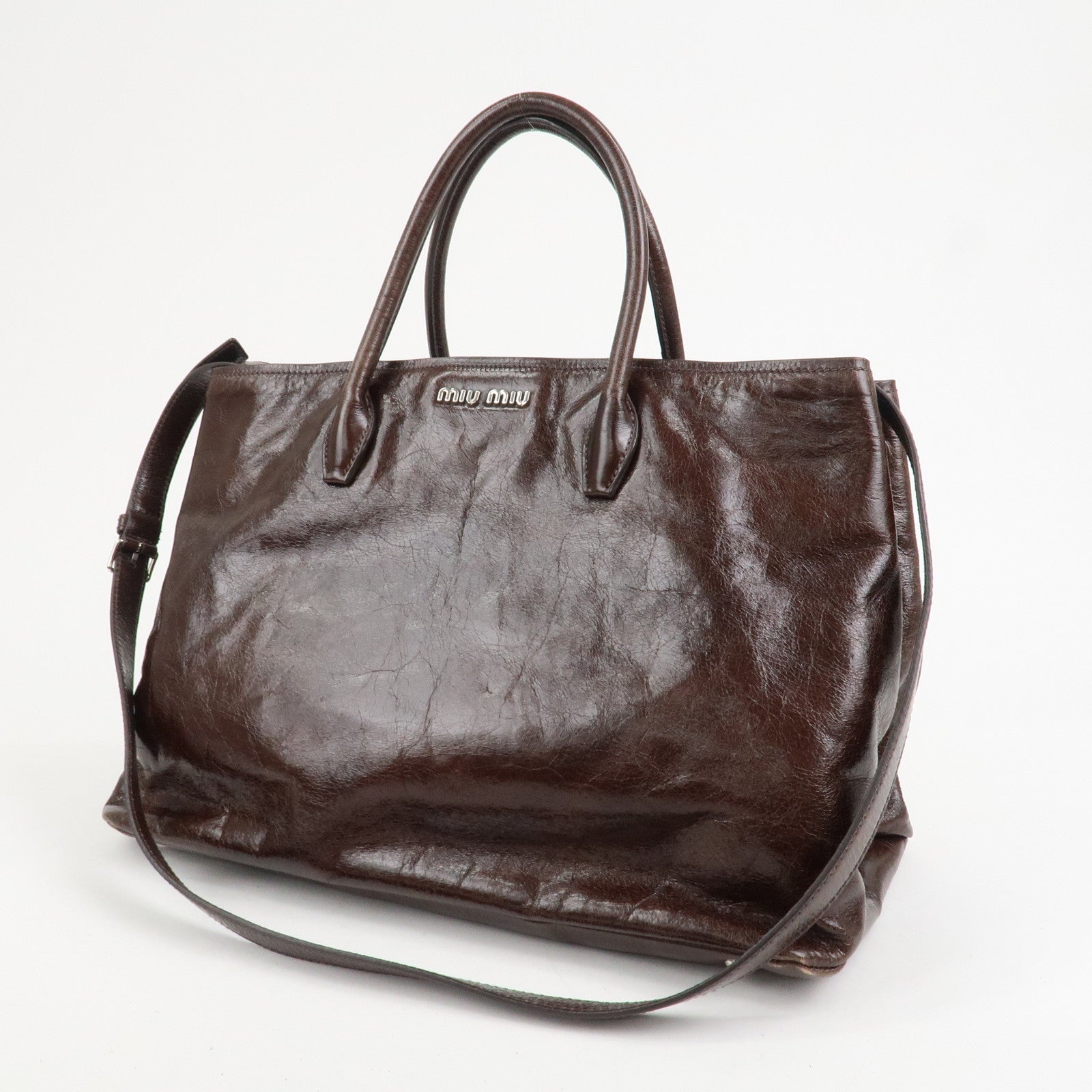 MIU MIU Leather 2Way Shoulder Bag Hand Bag Tote Bag Brown RN1028