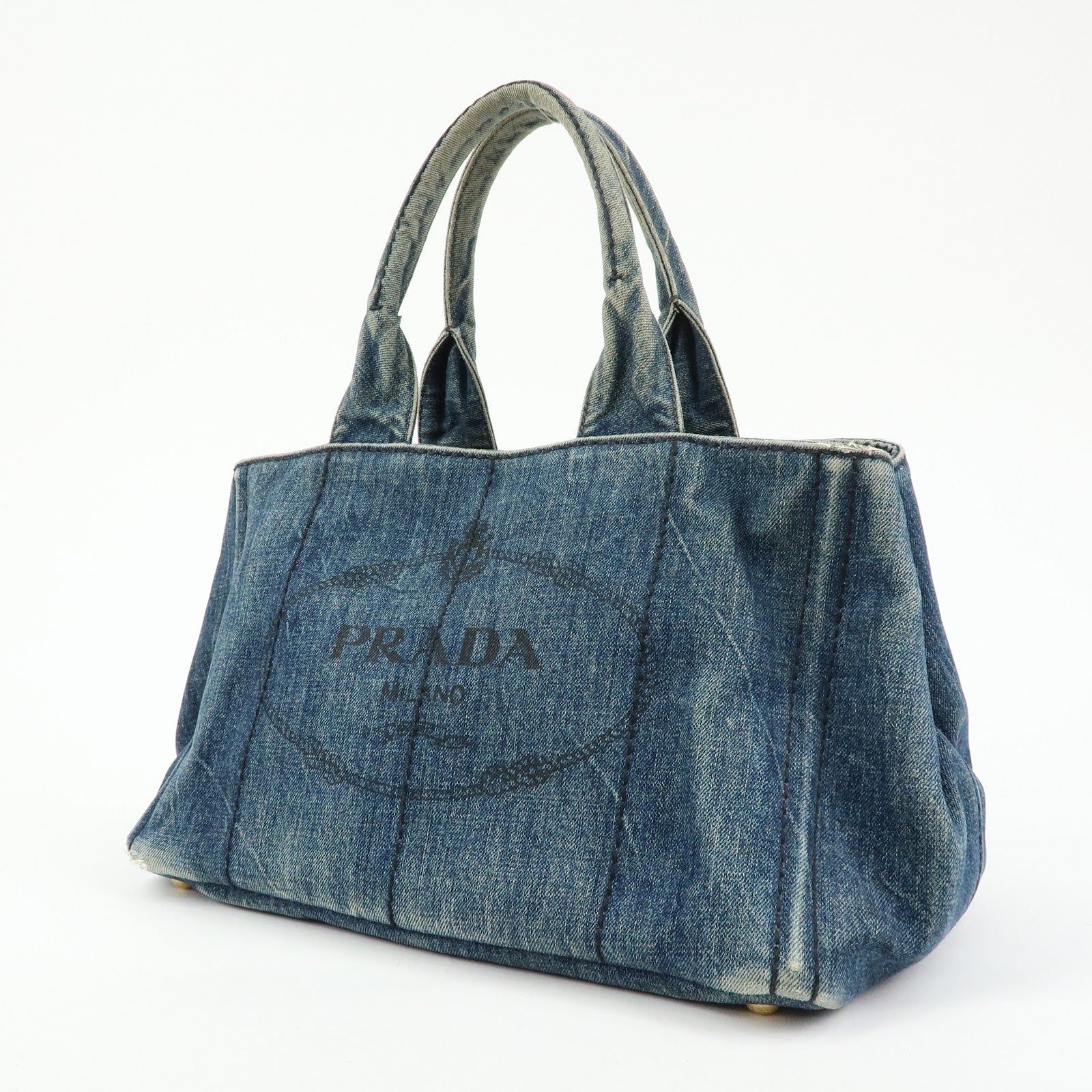 PRADA Logo Canapa Canvas Denim Tote Bag Hand Bag Blue B1877B