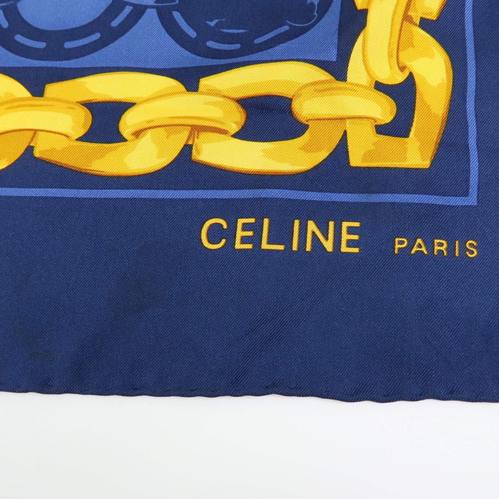 CELINE Silk 100% Scarf Lion Chain Motif Blue Yellow
