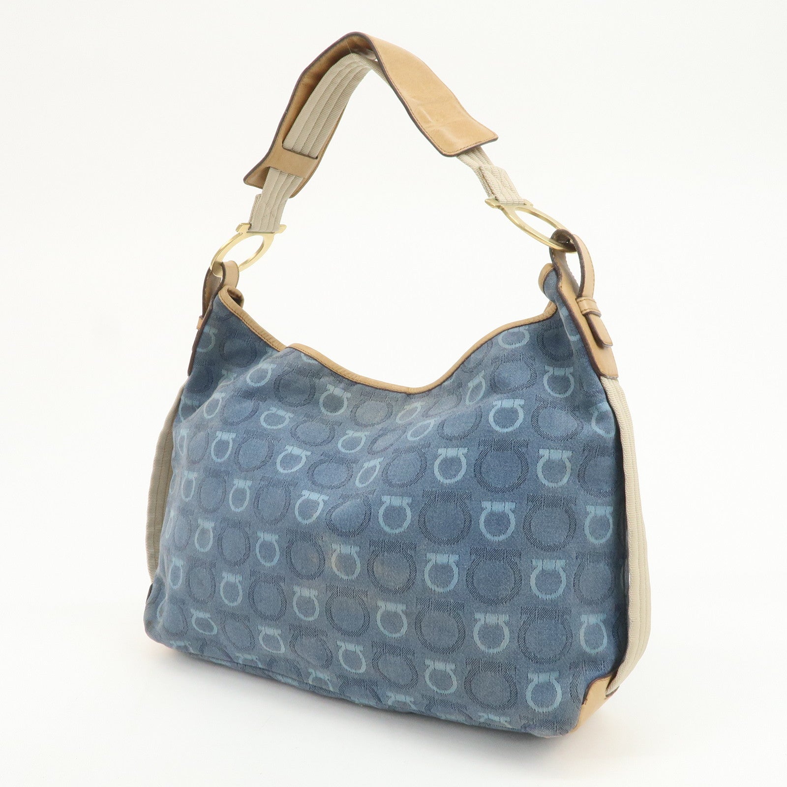 Ferragamo Gancini Canvas Leather Shoulder Bag Hand Bag Blue Beige