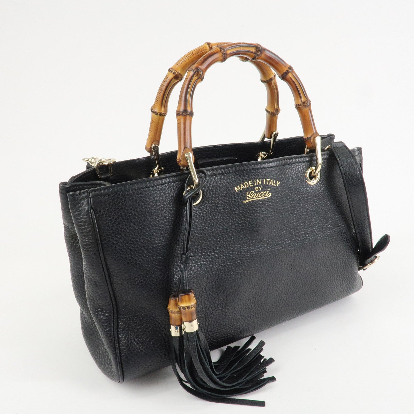 GUCCI Bamboo Leather 2WAY Shopper Medium Tote Bag Black 323660