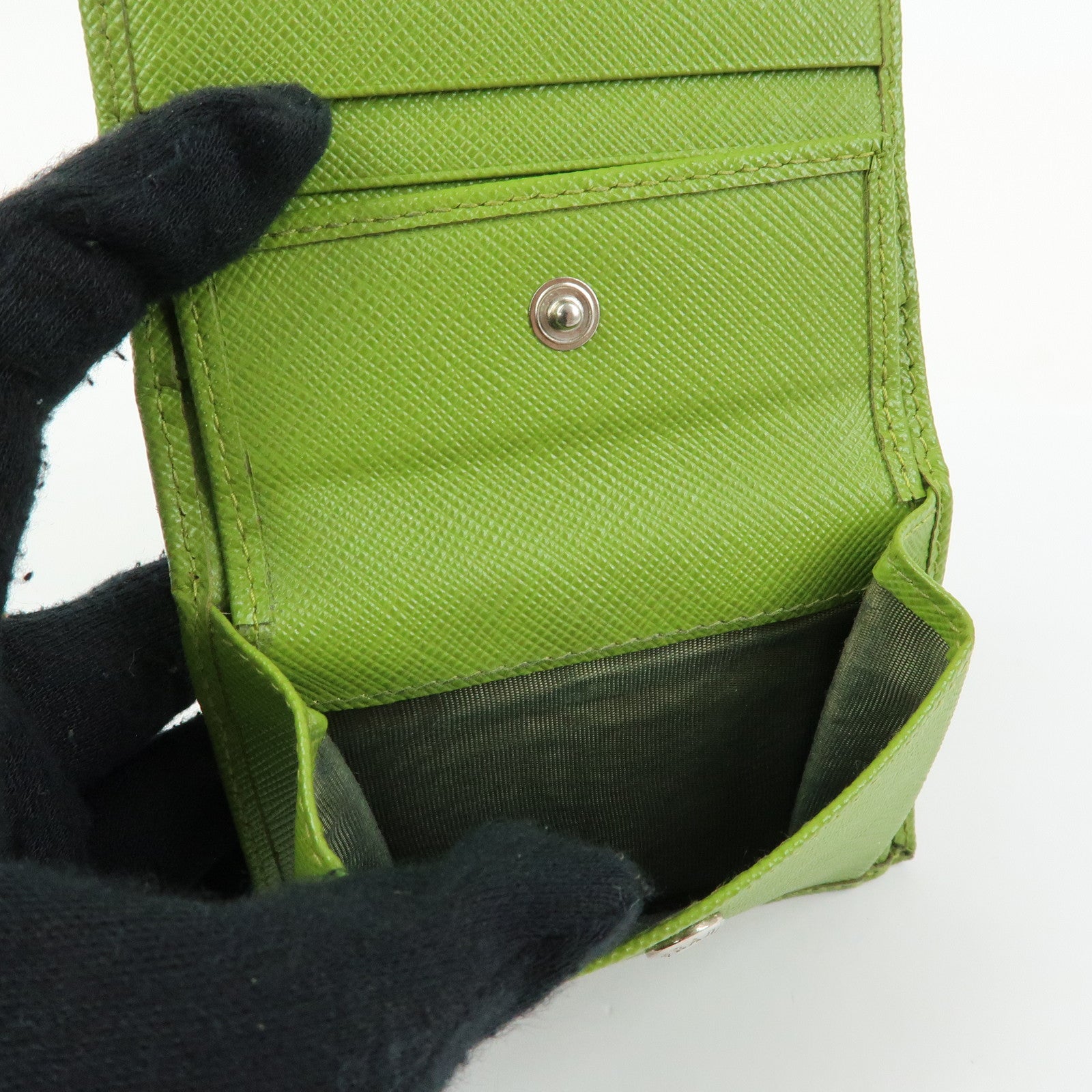 PRADA Triangle Logo Saffiano Leather Compact Wallet Light Green