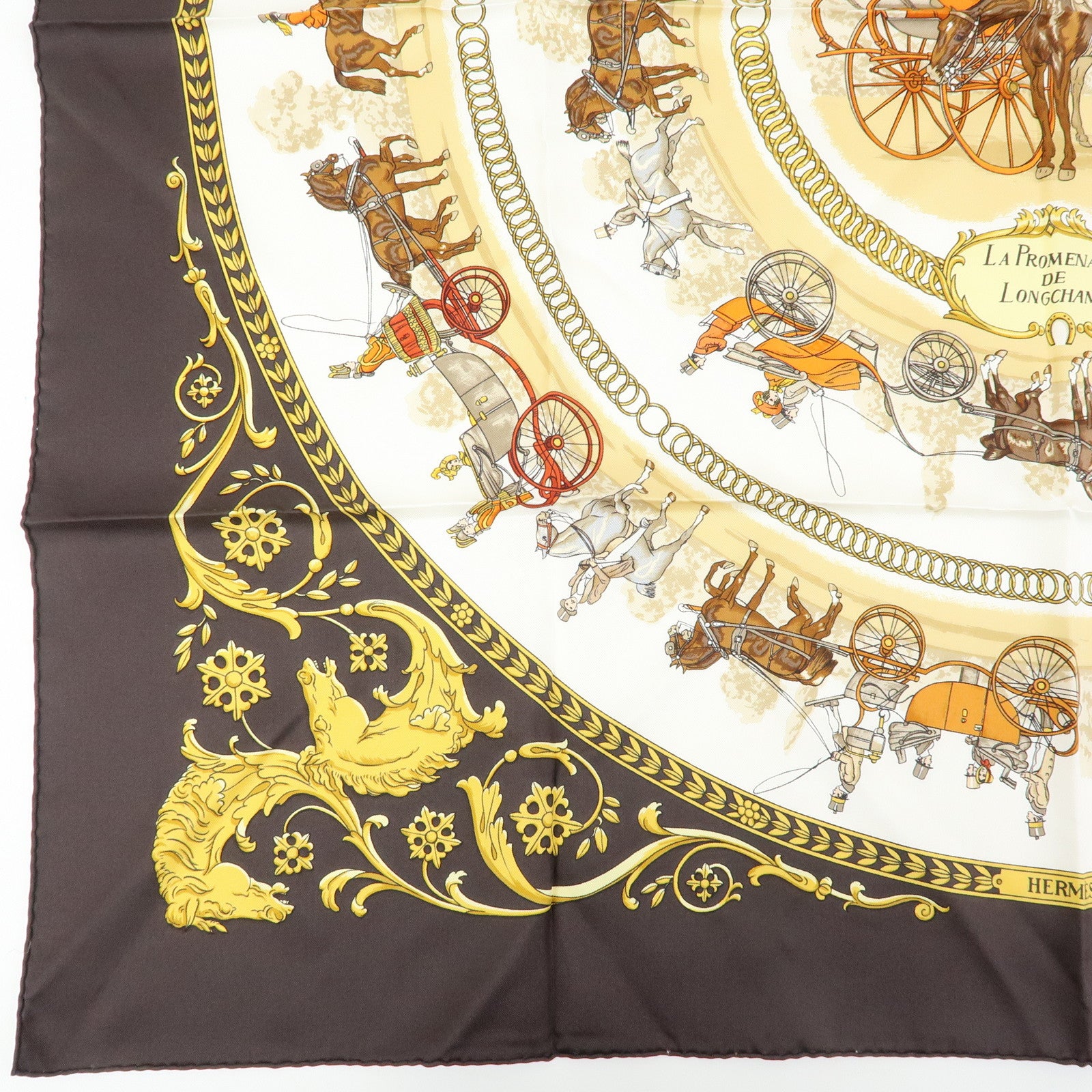 HERMES Carre 90 Silk 100% Scarf LA PROMENADE DE LONGCHAMPS Brown