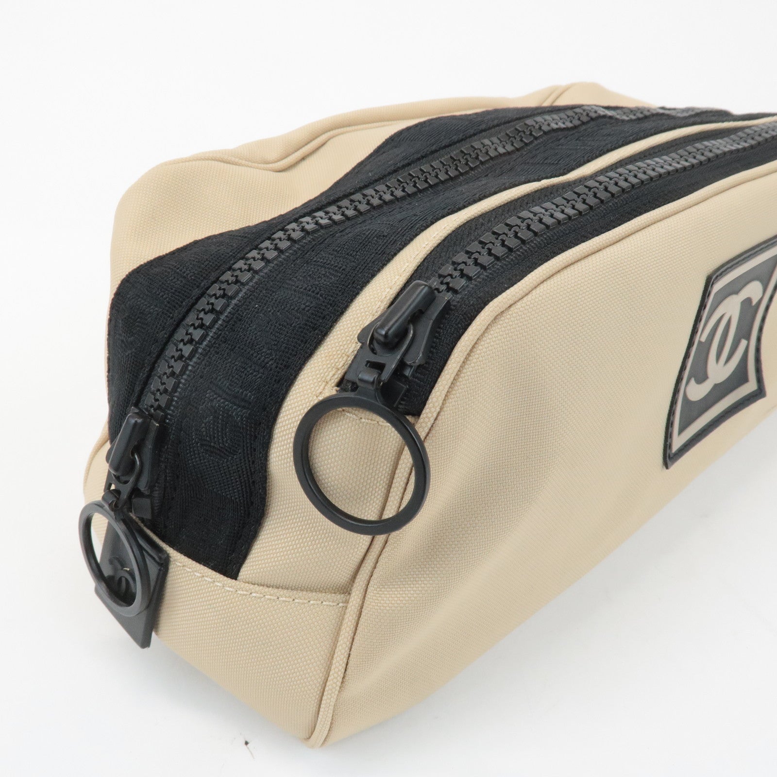 CHANEL Sports Line Nylon Leather Pouch Beige Black