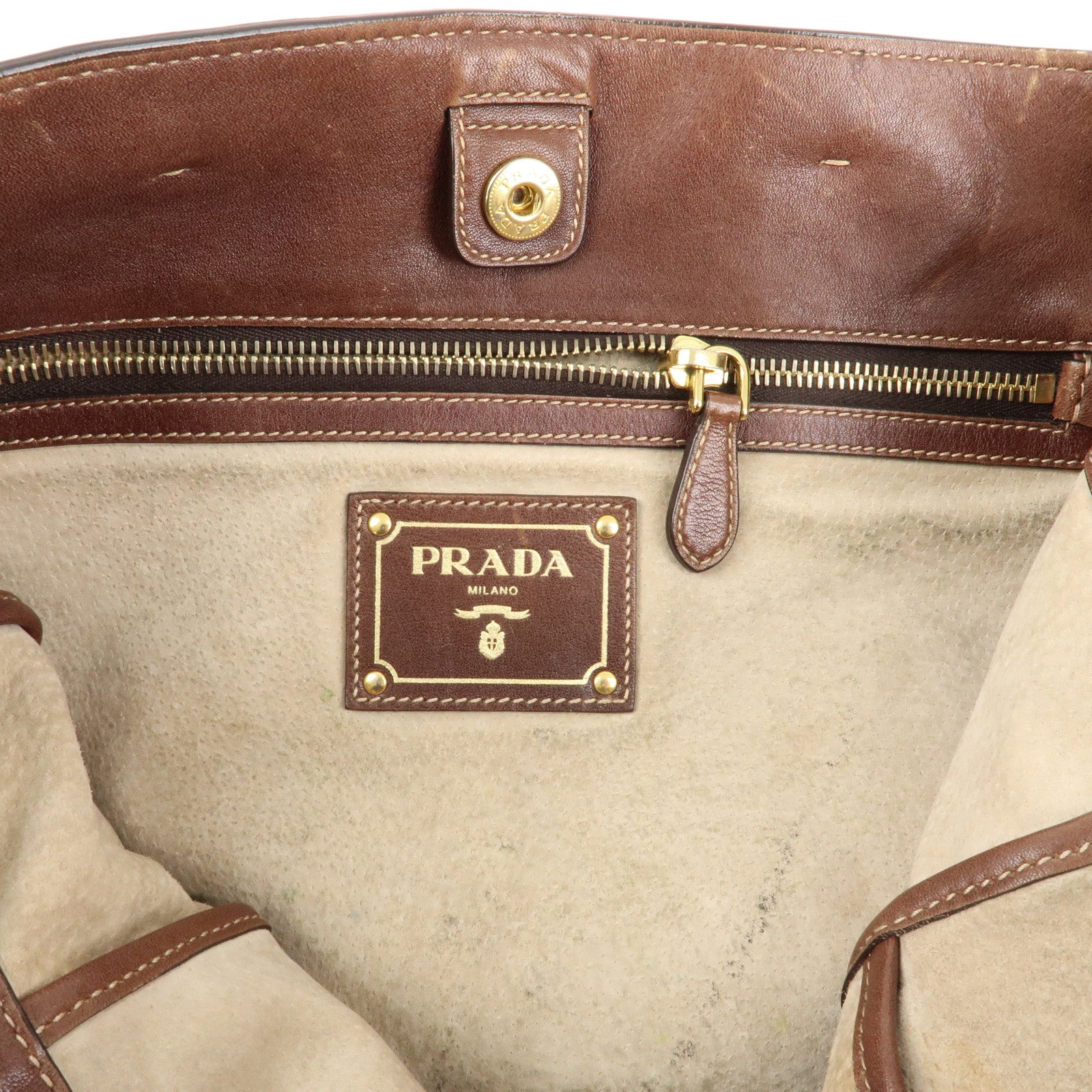 PRADA Logo Leather 2way Shoulder Bag Tote Bag Gold HDW Brown Used