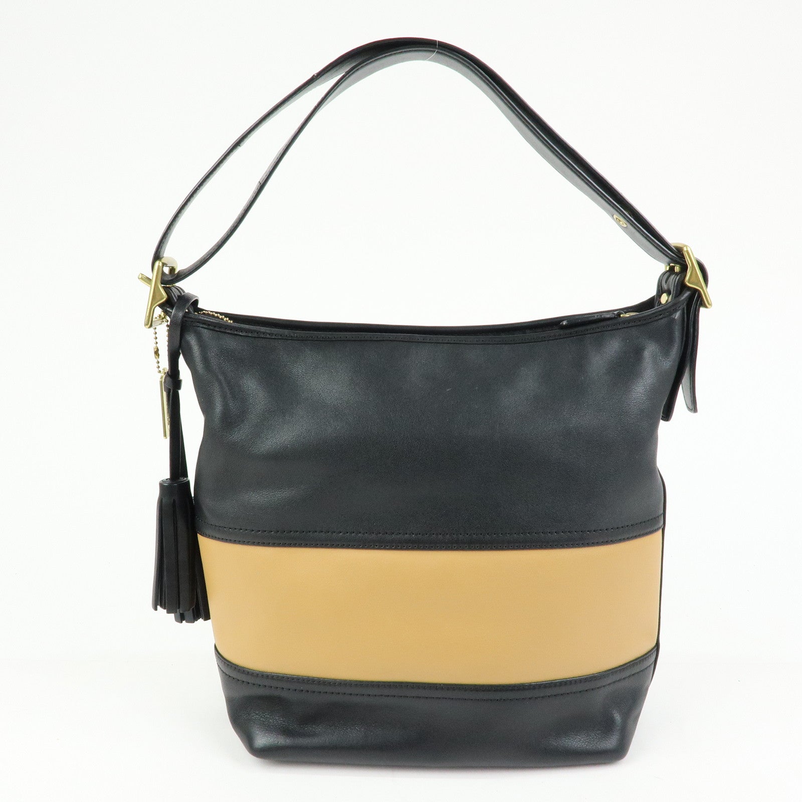 COACH Leather Shoulder Bag Tassel Charm Black Beige