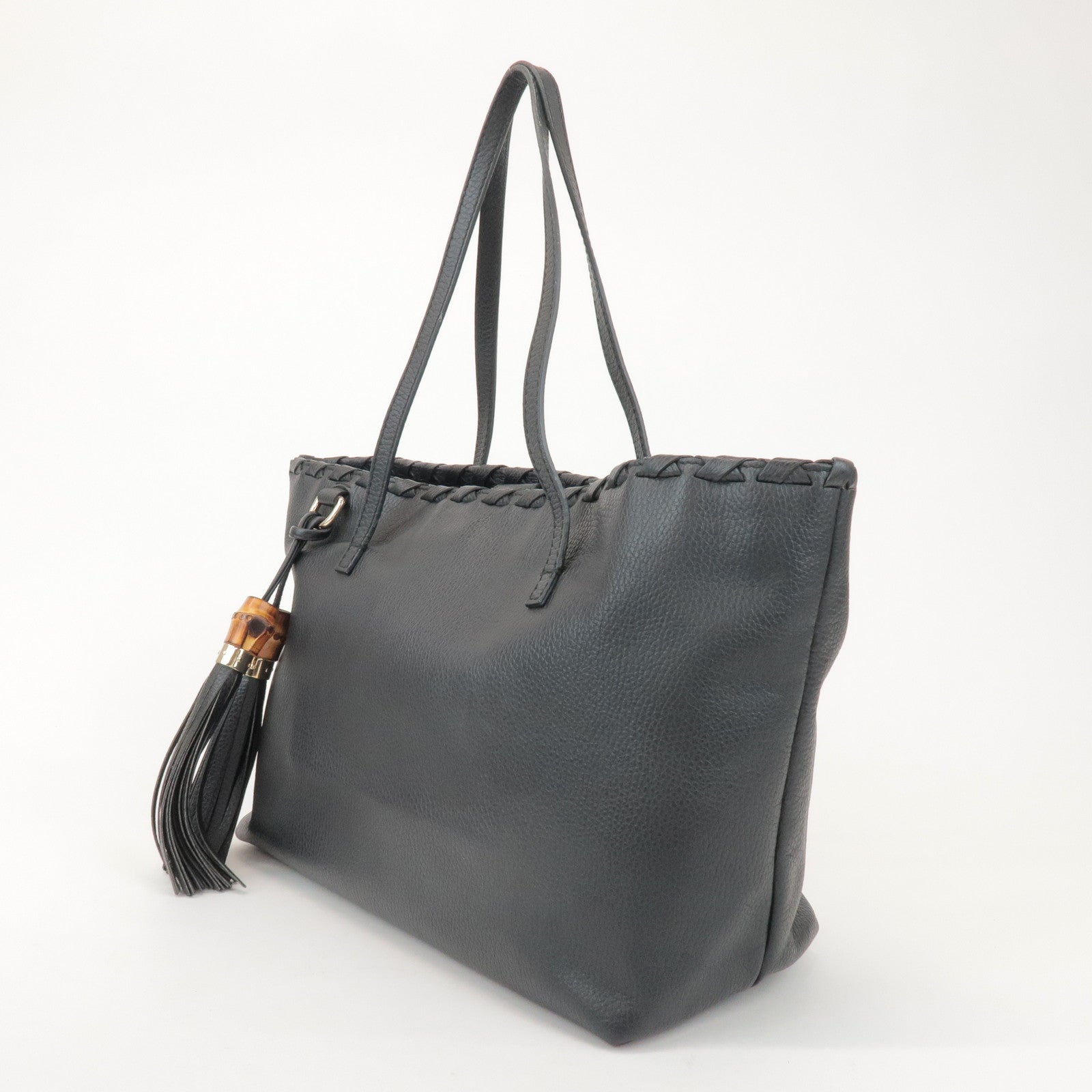 GUCCI Bamboo Leather Tote Shoulder Bag Tassel Charm Black 354665