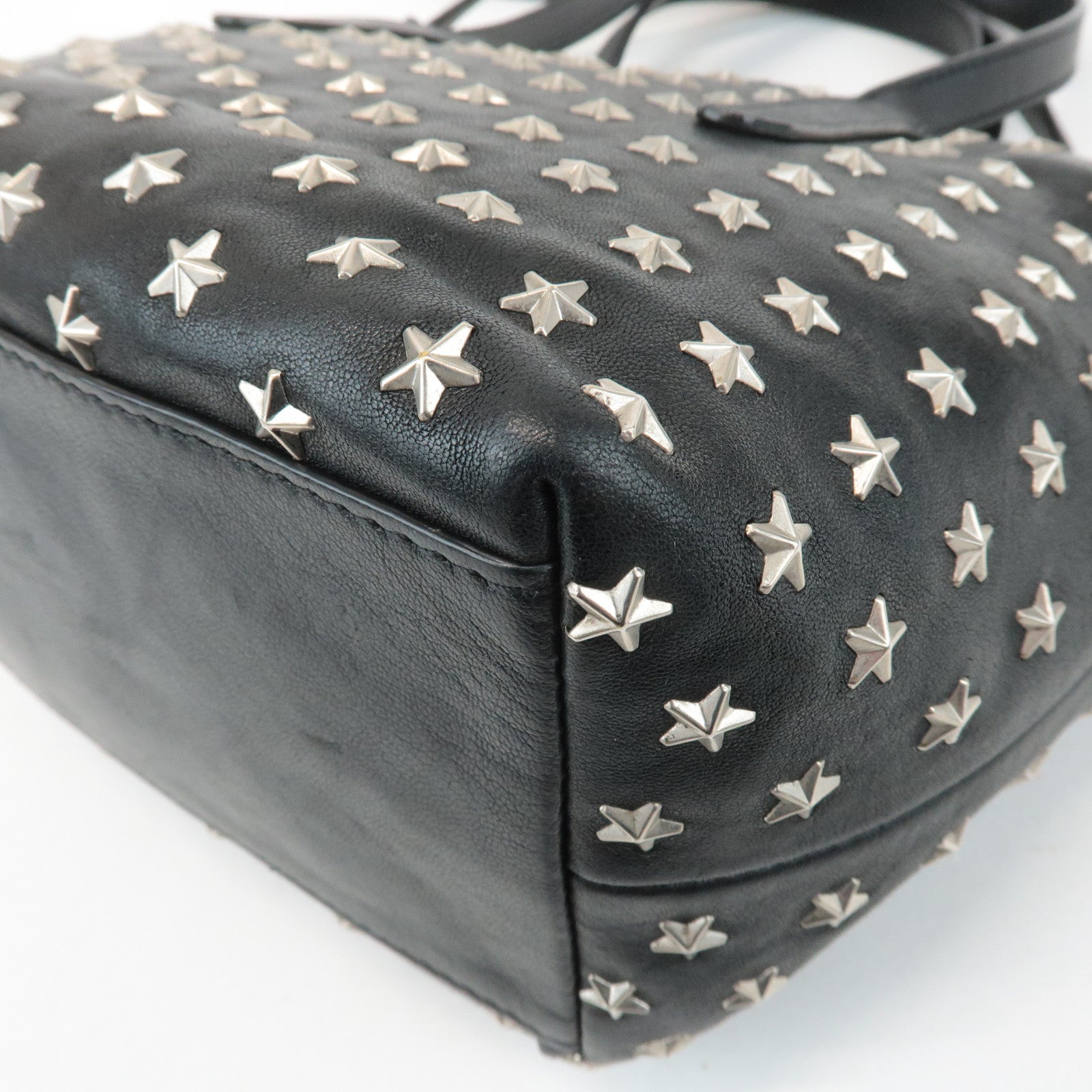 JIMMY CHOO Leather Star Studs Tote Bag Hand Bag Black Silver HDW Used