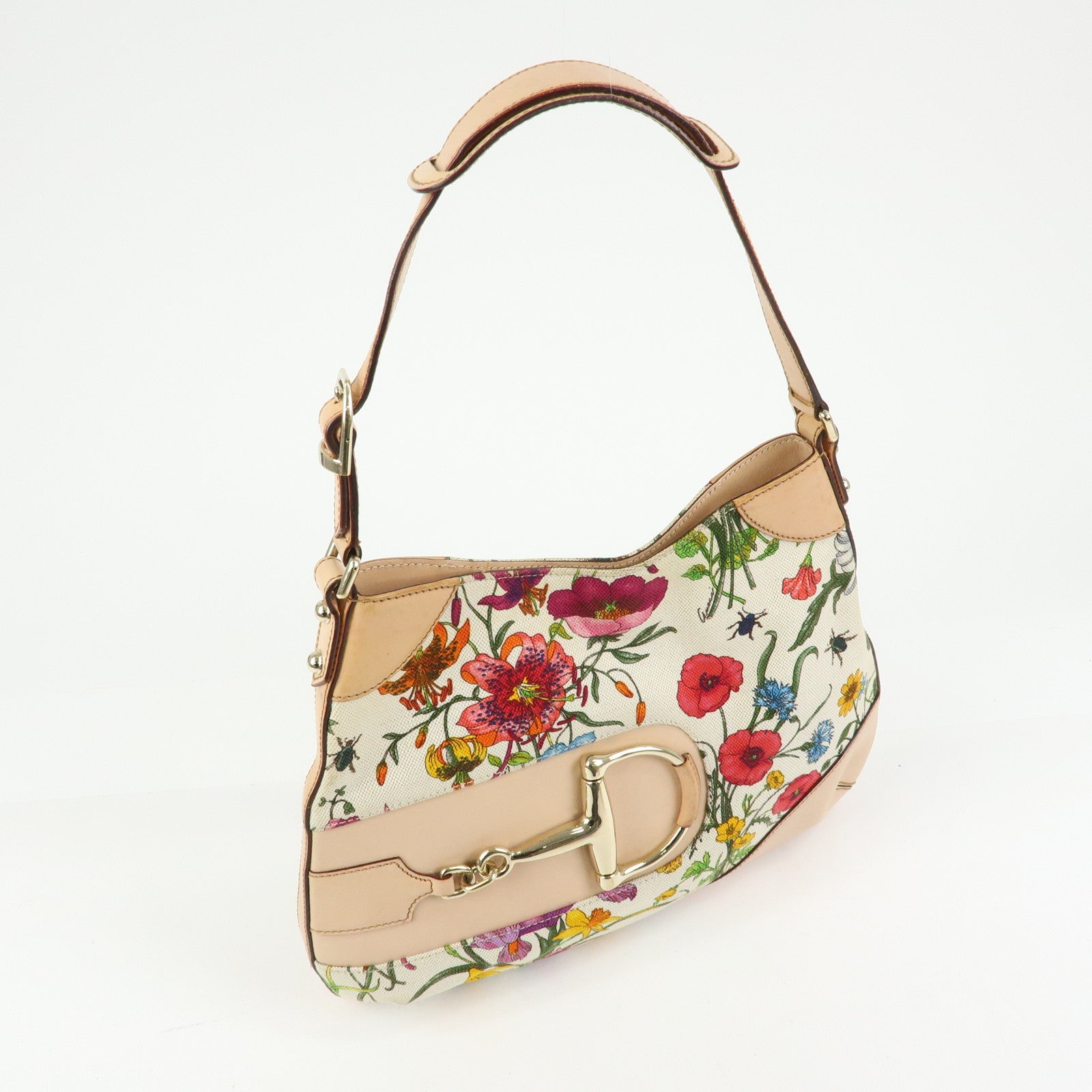GUCCI Horsebit Flora Leather Canvas Shoulder Bag Beige White 137388