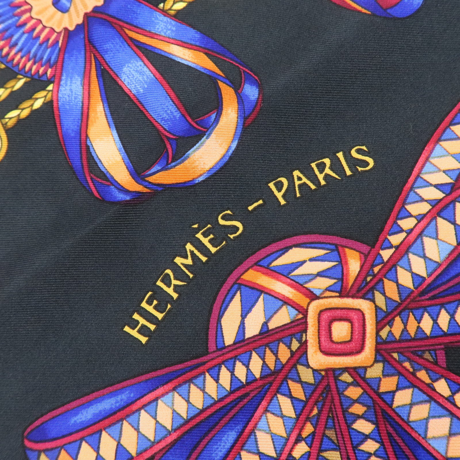 HERMES Carre 90 Silk 100% LES RUBANS DU CHEVAL Scarf Black