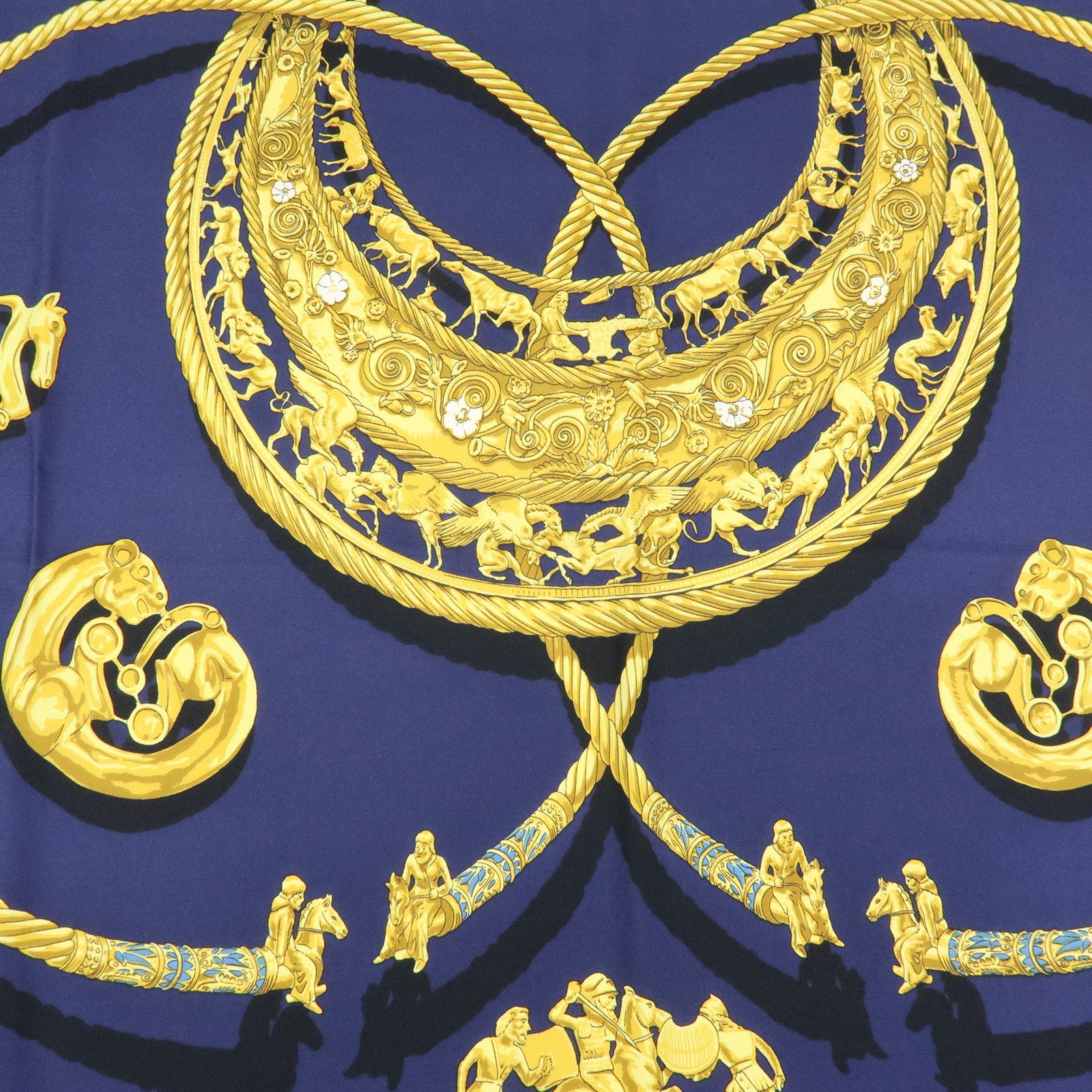 HERMES Carre 90 Silk 100% Scarf LES CAVALIERS D'OR Navy Yellow