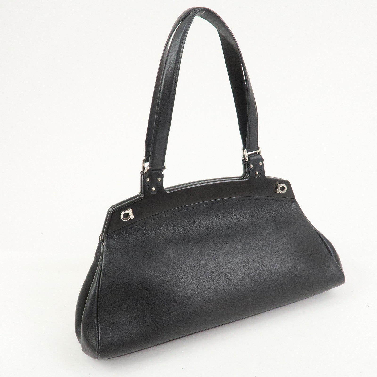 Ferragamo Gancini Leather Wood Shoulder Bag Hand Bag Black