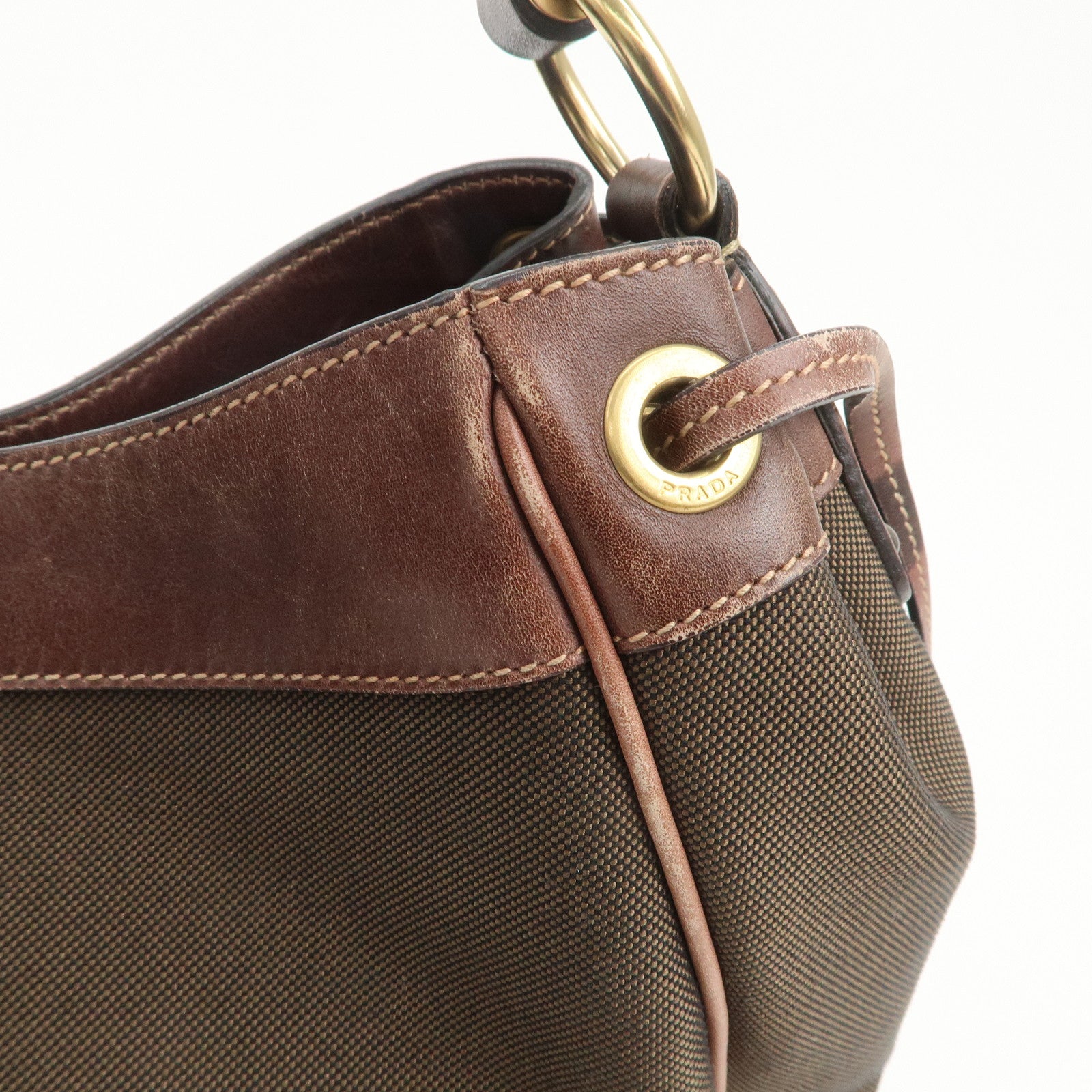 PRADA Triangle Logo Canvas Leather Shoulder Bag Hand Bag Brown