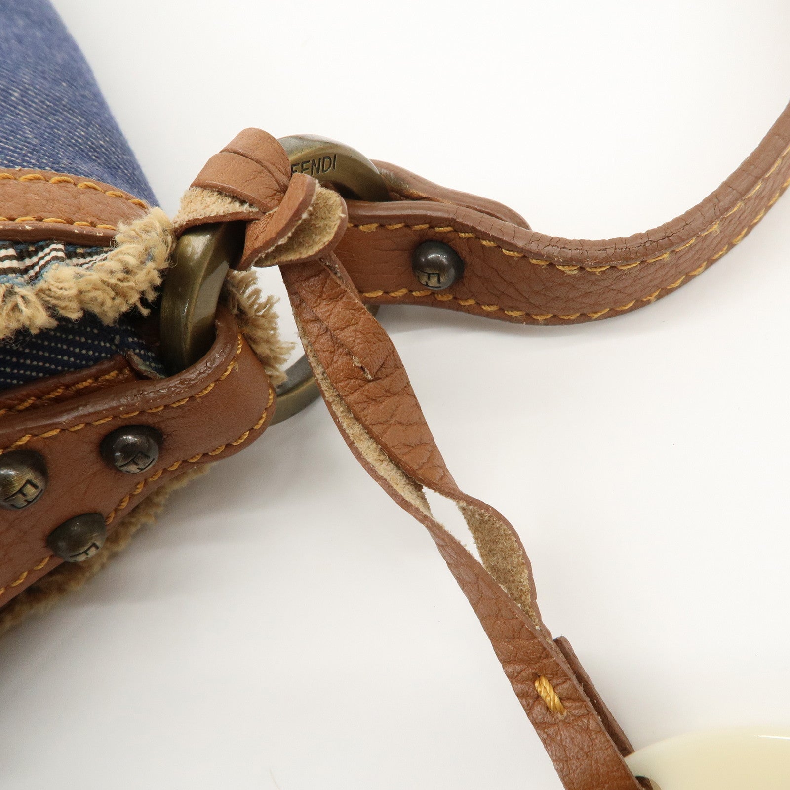 FENDI Denim Leather Shoulder Bag Hand Bag Indigo Brown 8BR445 Used