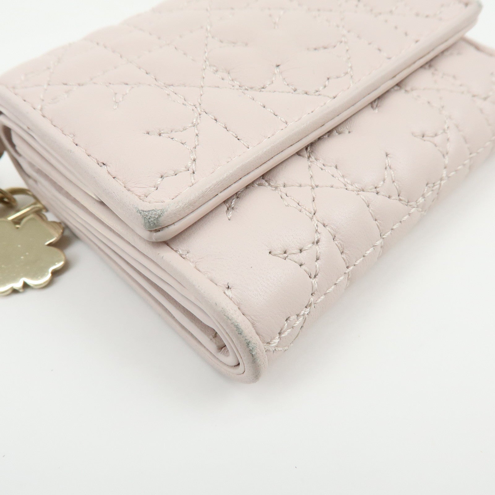 Christian Dior Cannage Leather Tri-fold Compact Wallet Light Pink