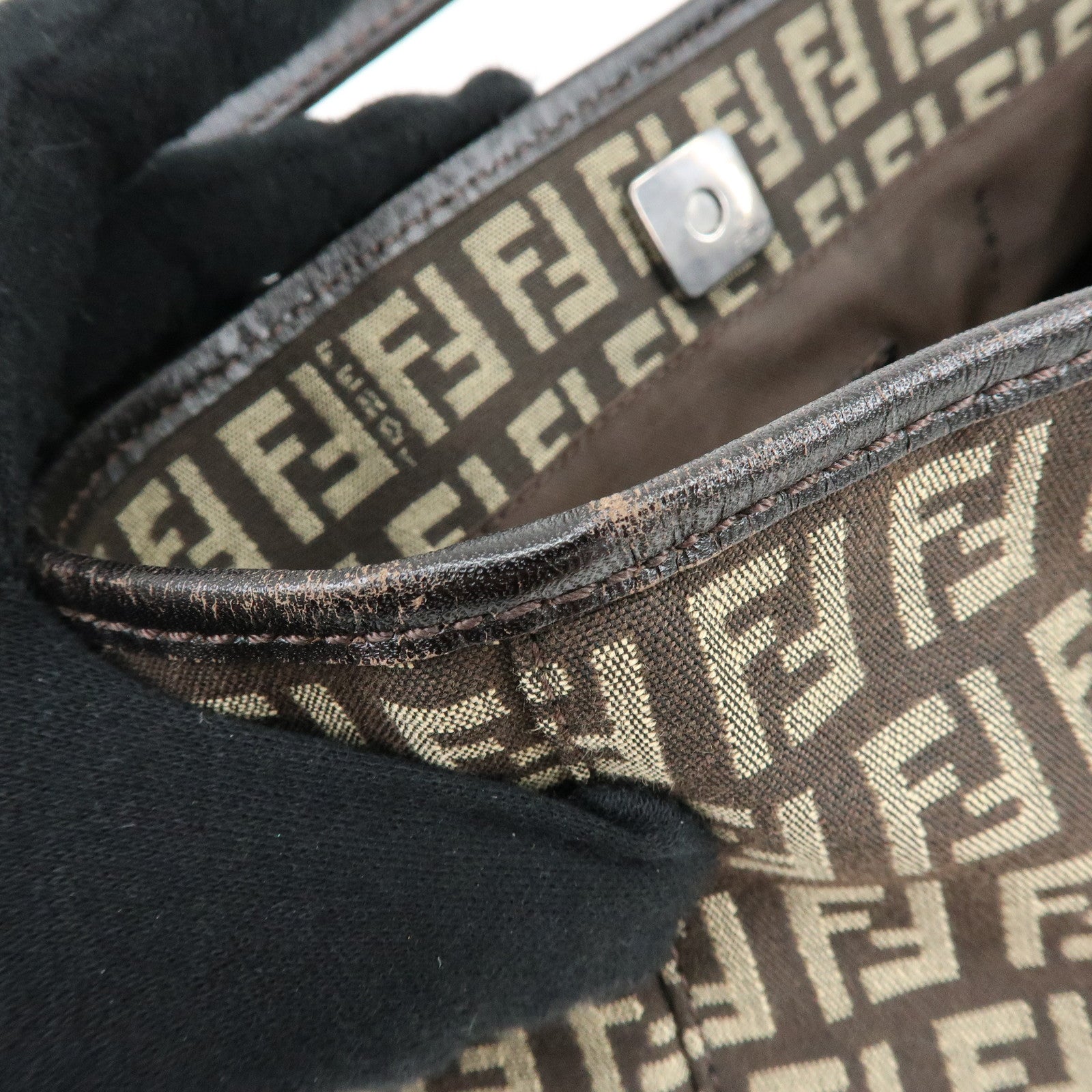FENDI Zucchino Canvas Leather Tote Bag Shoulder Bag Brown 8BH075