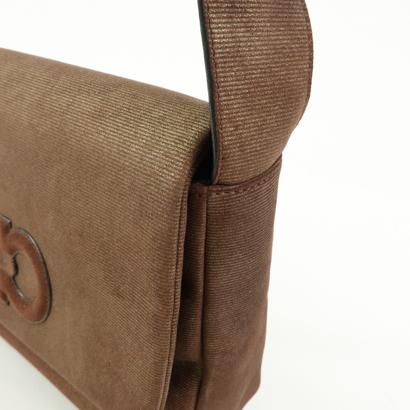 Ferragamo Logo Gancini Canvas Leather Shoulder Bag Brown