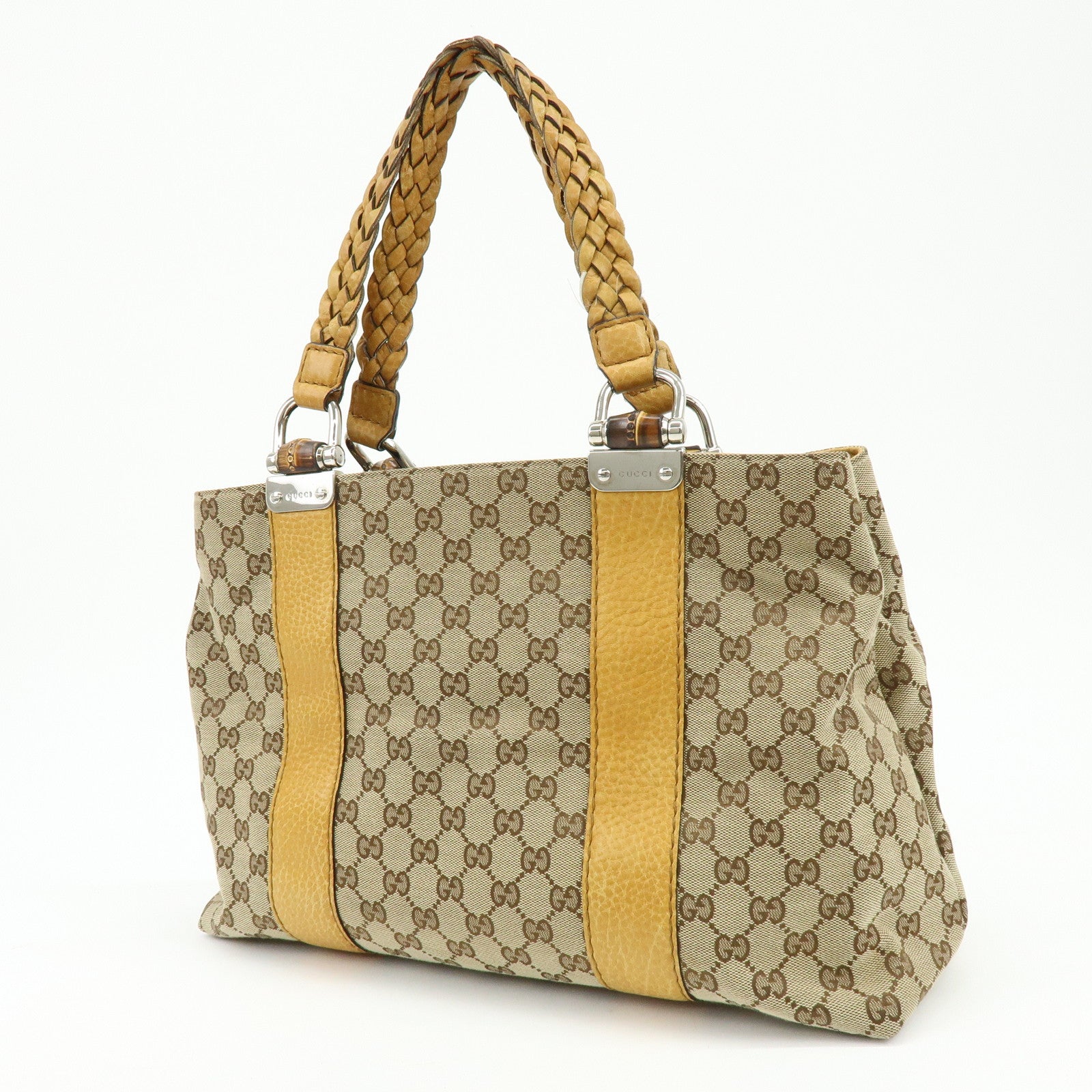 GUCCI Bamboo GG Canvas Leather Tote Bag Beige Yellow 232947