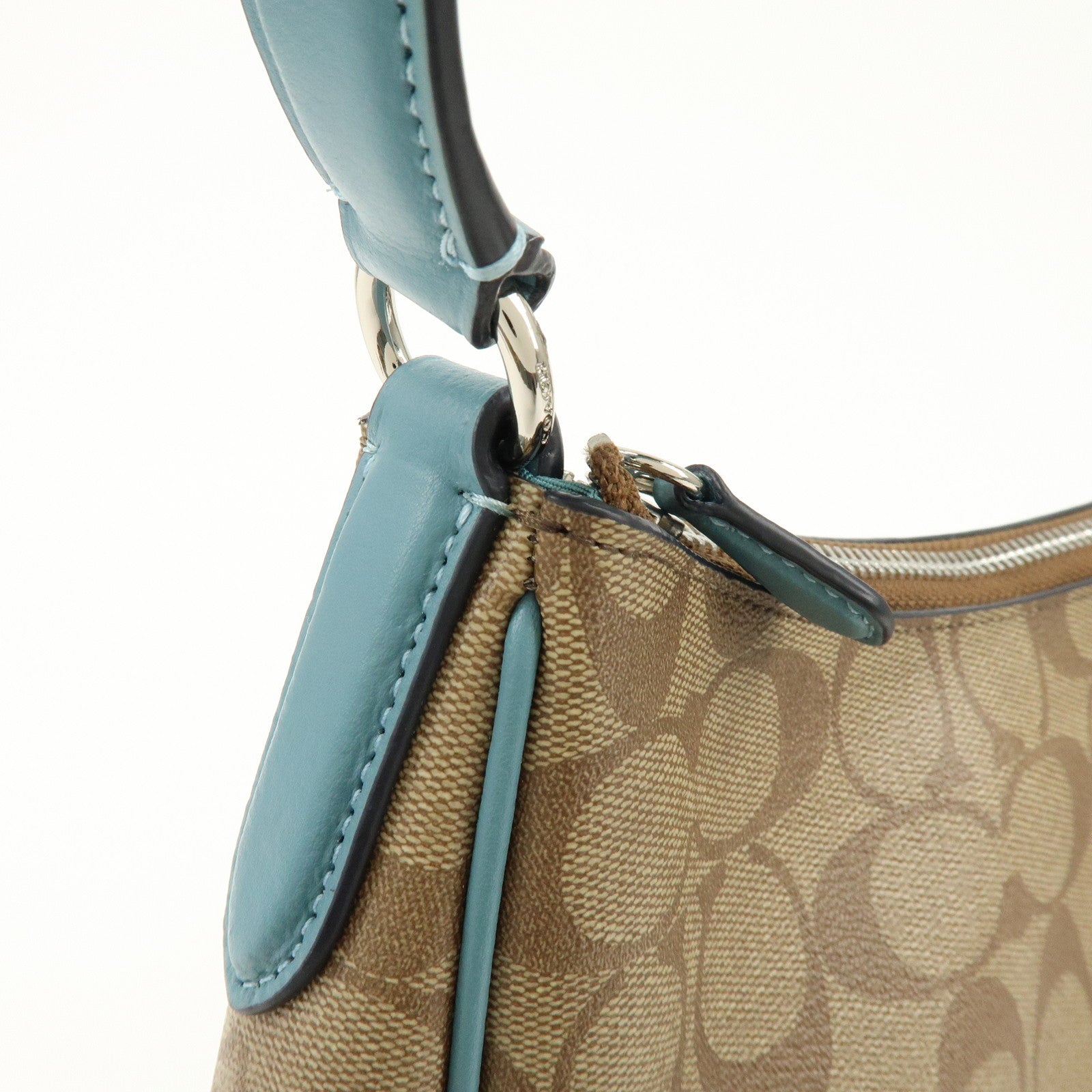 COACH Signature PVC Coated Canvas Leather Shoulder Bag Beige Blue