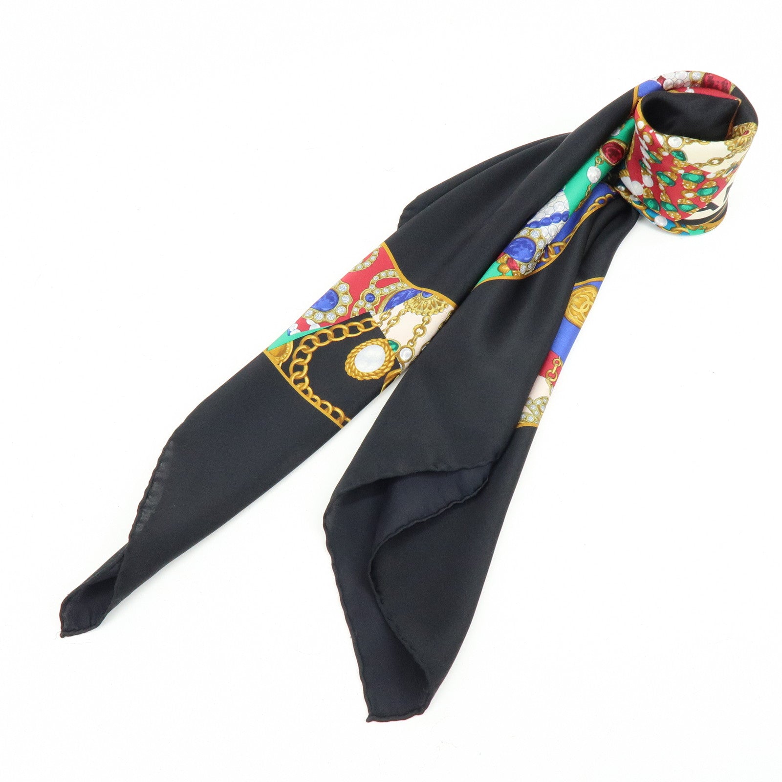 CHANEL COCO Mark Silk 100% Scarf Black Multicolor
