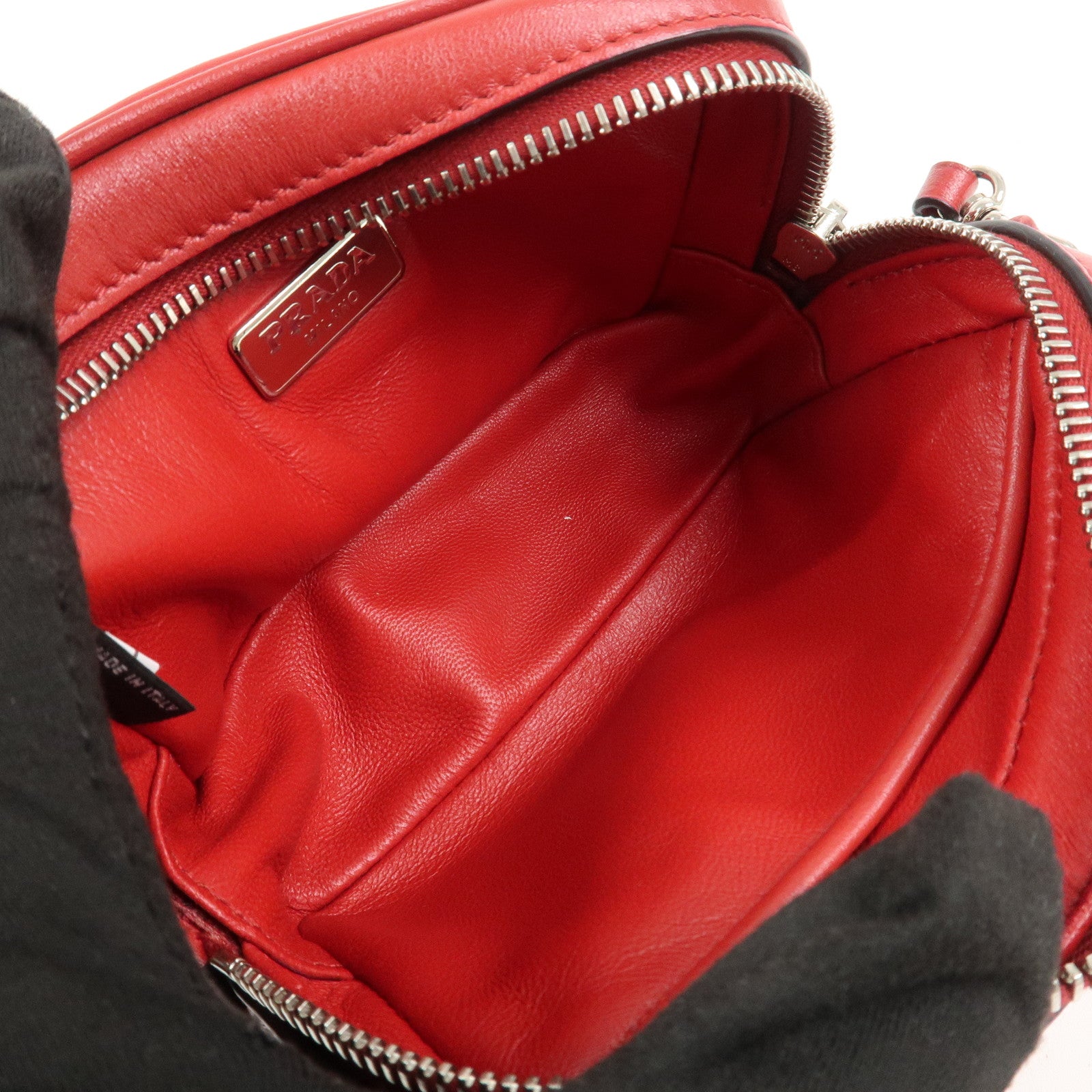 PRADA Logo Leather Mini Shoulder Bag Camera Bag Studs Red 1N1674