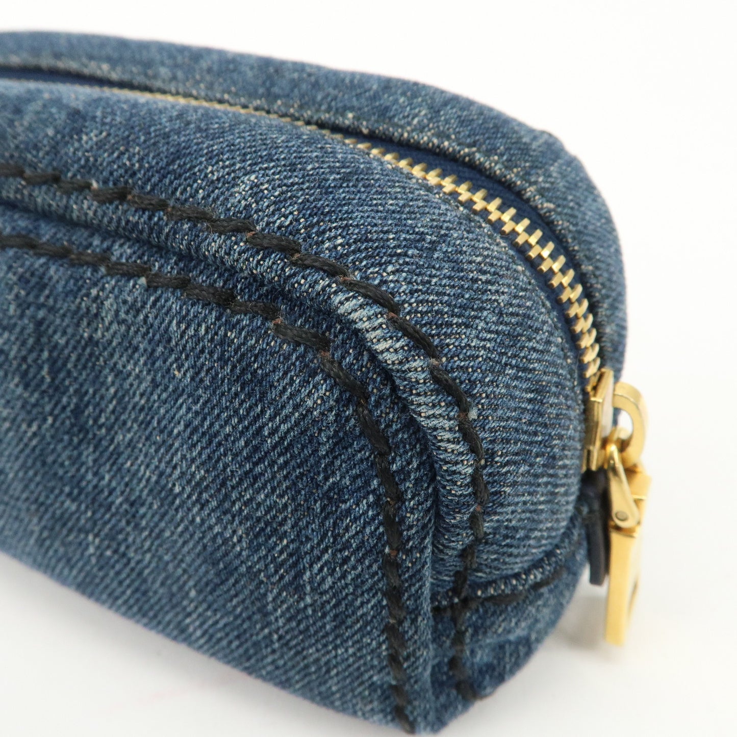 PRADA Triangle Logo Denim Pouch Cosmetic Pouch Blue Gold HDW