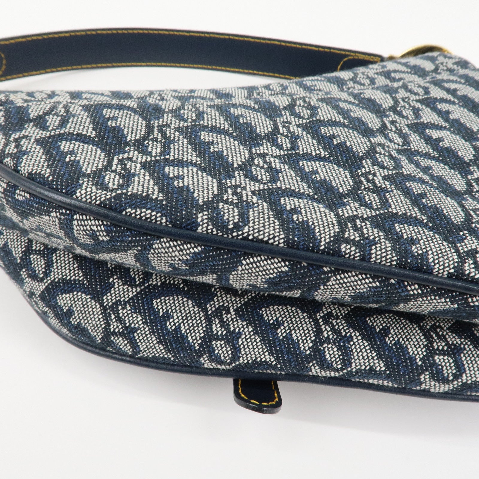 Christian Dior Trotter Jacquard Leather Saddle Shoulder Bag Navy Used