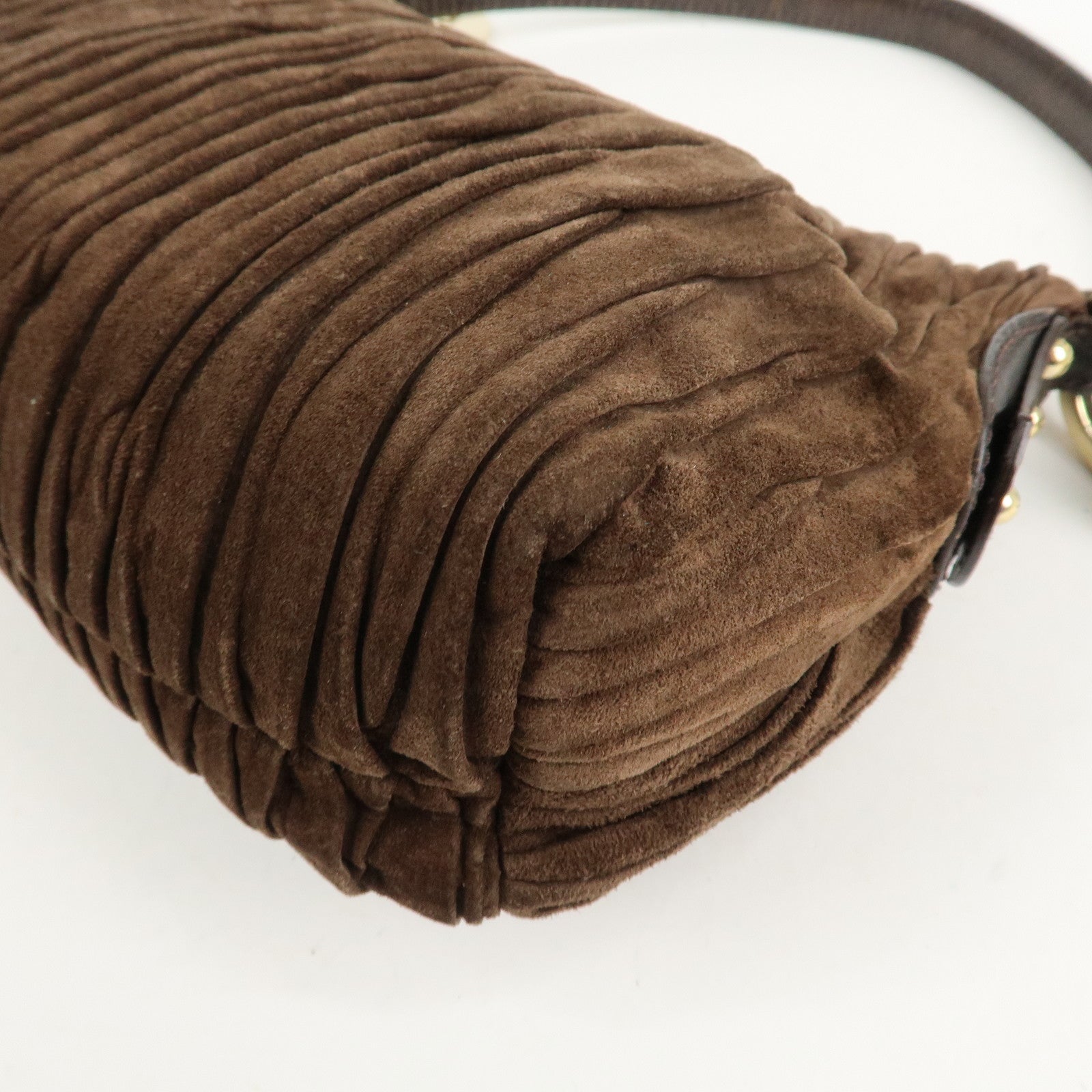 FENDI Suede Leather Gathered Shoulder Bag Dark Brown 8BR454 Used