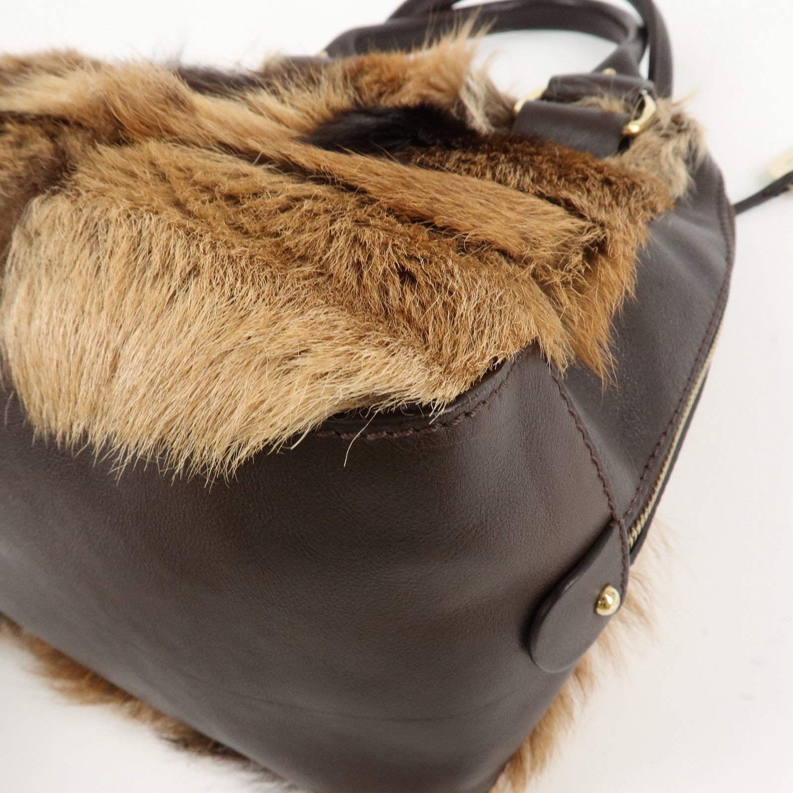 FENDI Fur Leather Tote Bag Hand Bag Shoulder Bag Brown 8BR286 Used