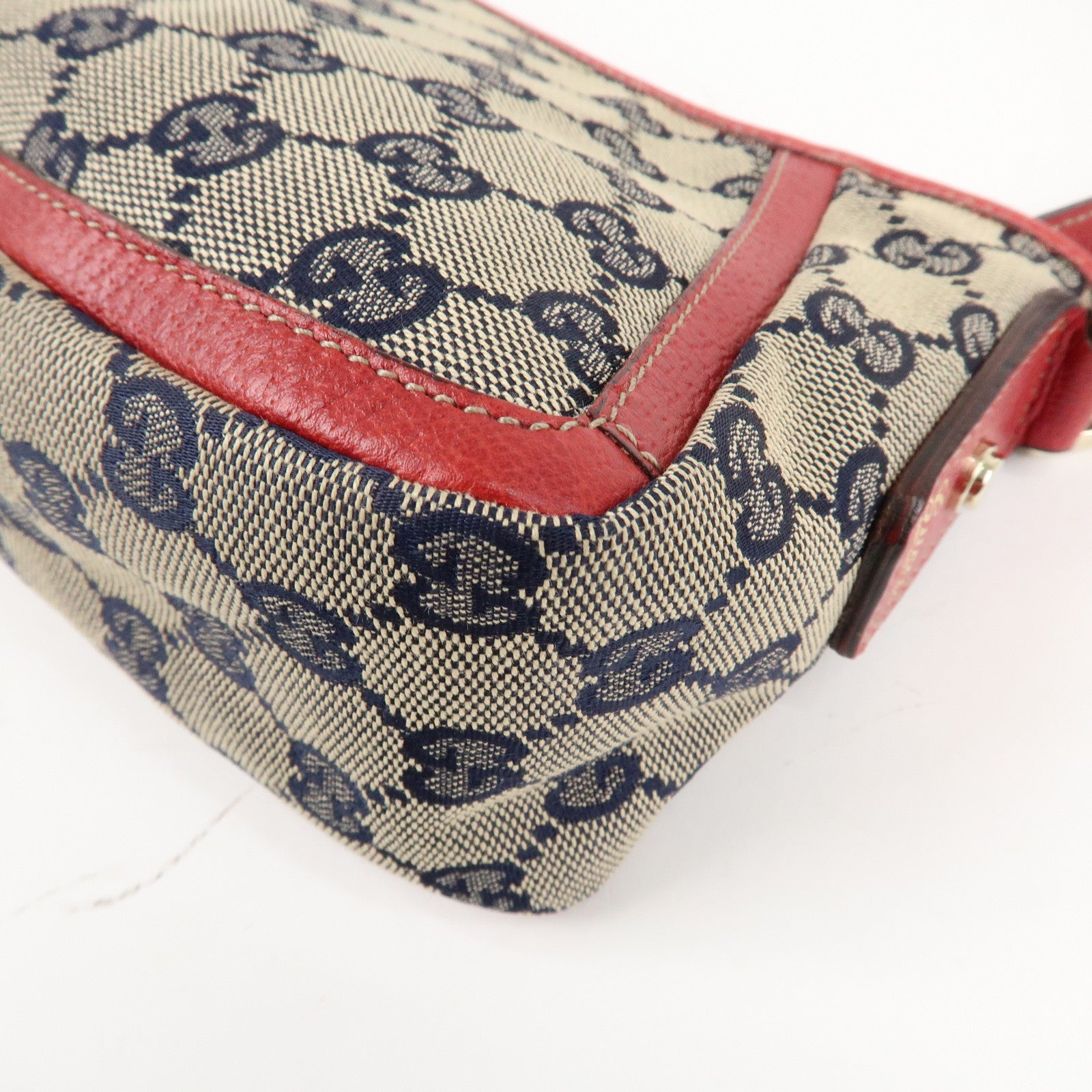 GUCCI Abbey GG Canvas Leather Shoulder Bag Beige Navy Red 130939 Used