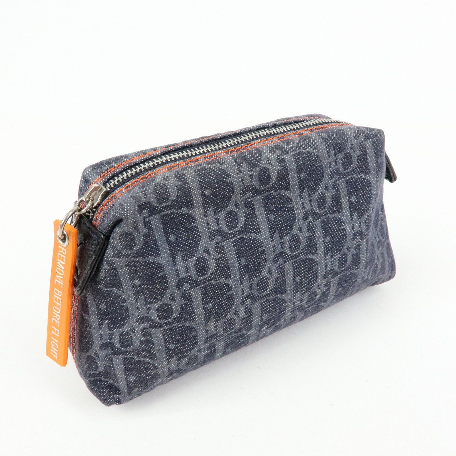 Christian Dior Trotter Flight Line Denim Leather Pouch Navy Orange