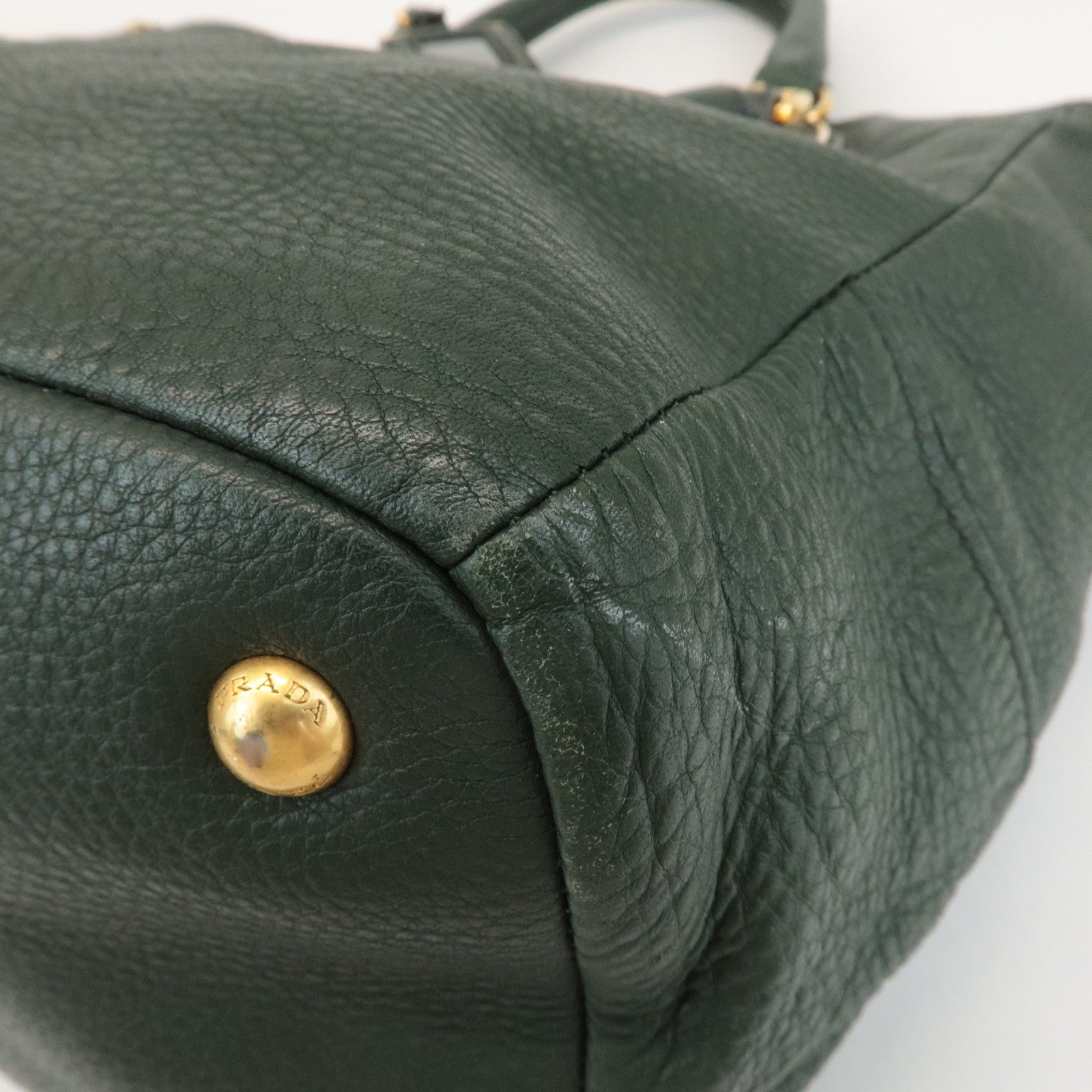 PRADA Leather 2Way Hand Bag Shoulder Bag Green Gold Hardware