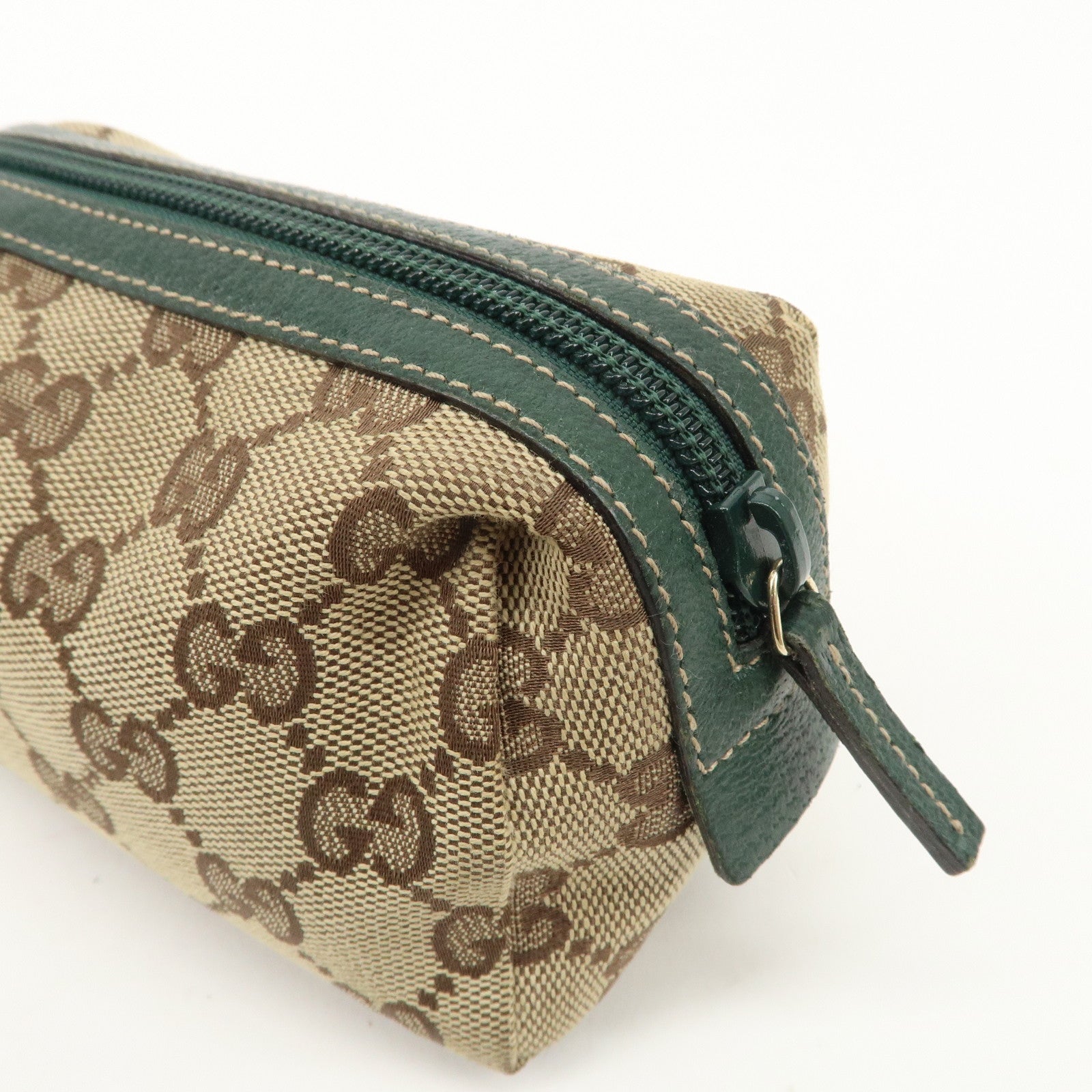 GUCCI GG Canvas Leather Cosmetic Pouch Beige Green 29596 Used