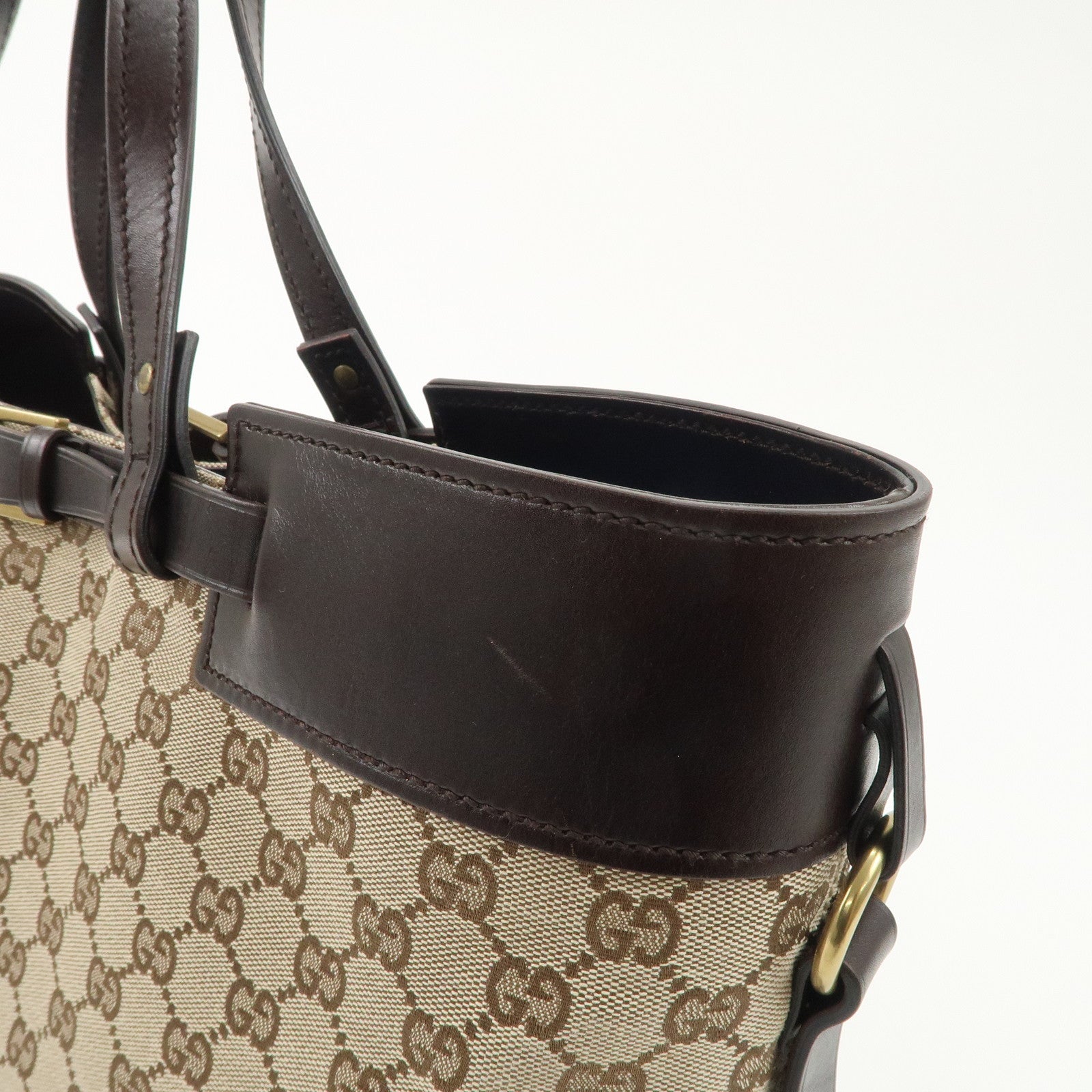 GUCCI GG Canvas Leather Tote Bag Beige Dark Brown 106251 Used