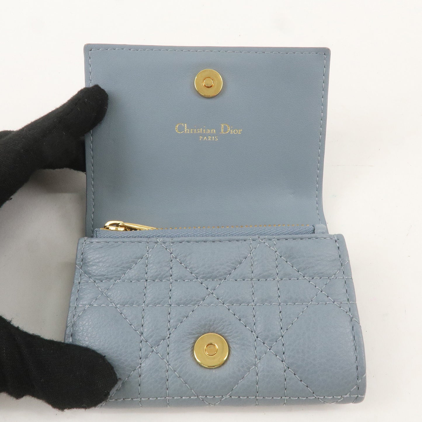 Christian Dior Cannage Leather Caro Bi-fold Wallet Light Blue