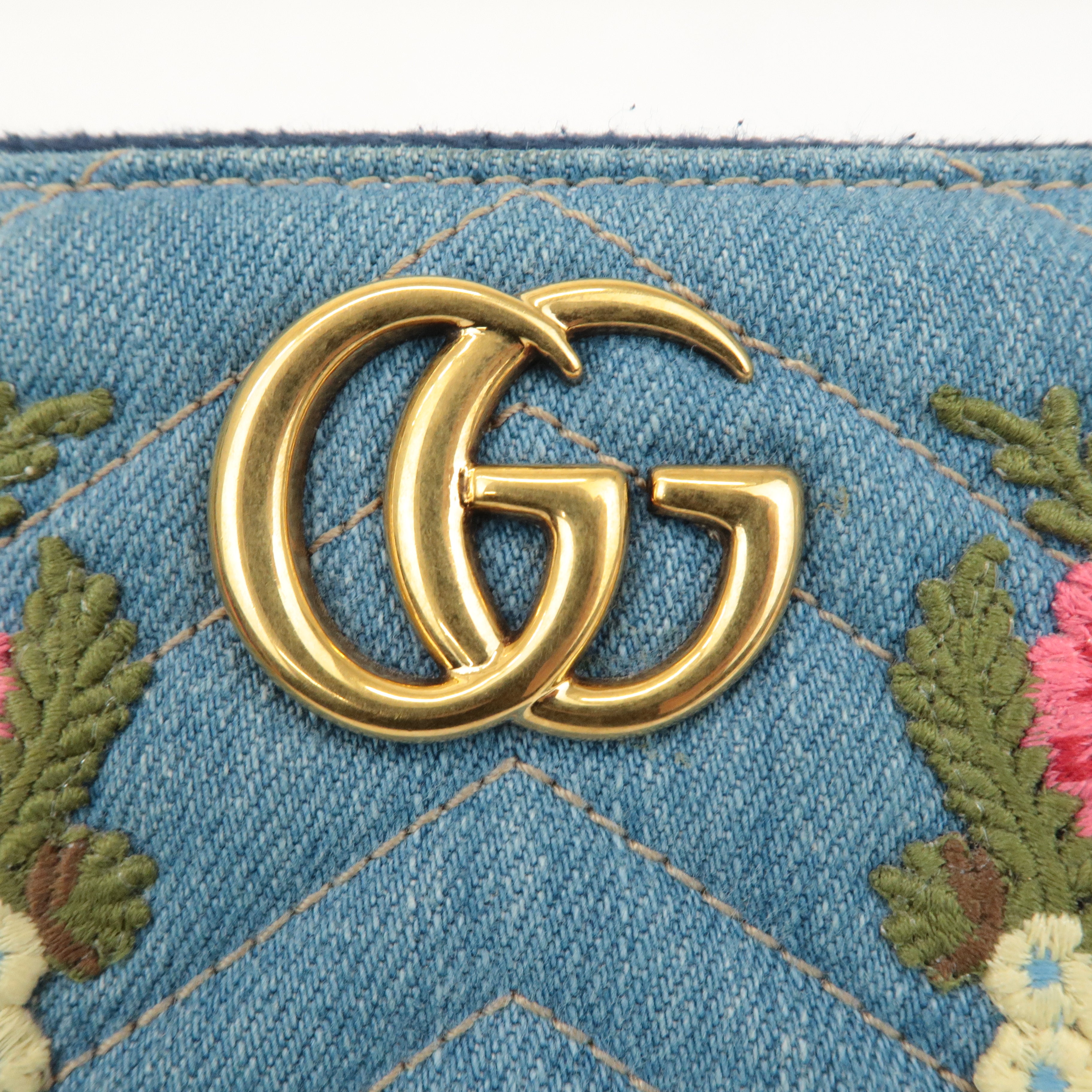 GUCCI GG Marmont Denim Zip Around Wallet Floral Pattern 443123