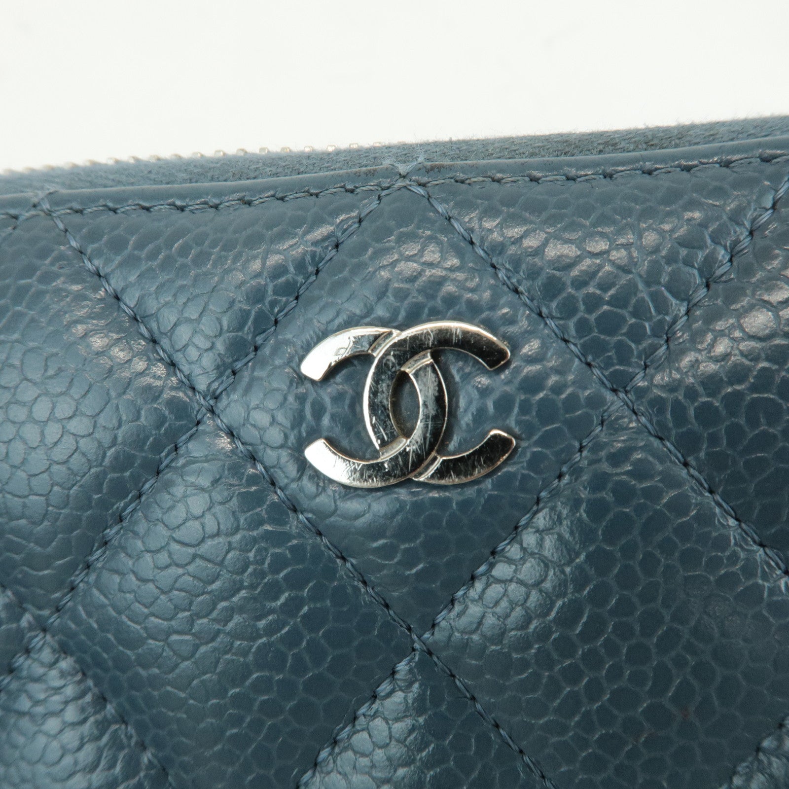 CHANEL Matelasse Caviar Skin Round Zippy Long Wallet Blue A50097