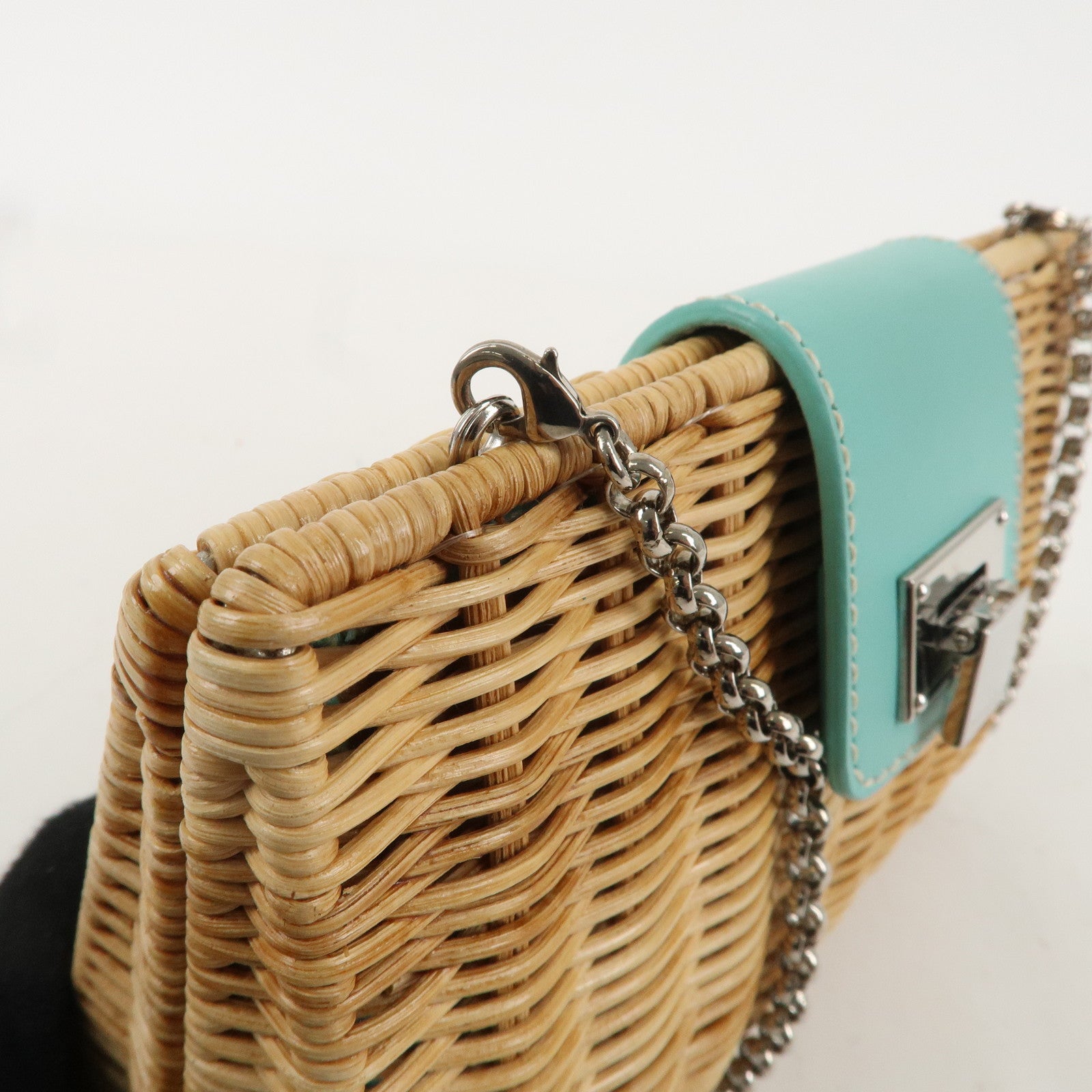 Tiffany&Co. Raffia Leather Chain Shoulder Bag Beige Turquoise